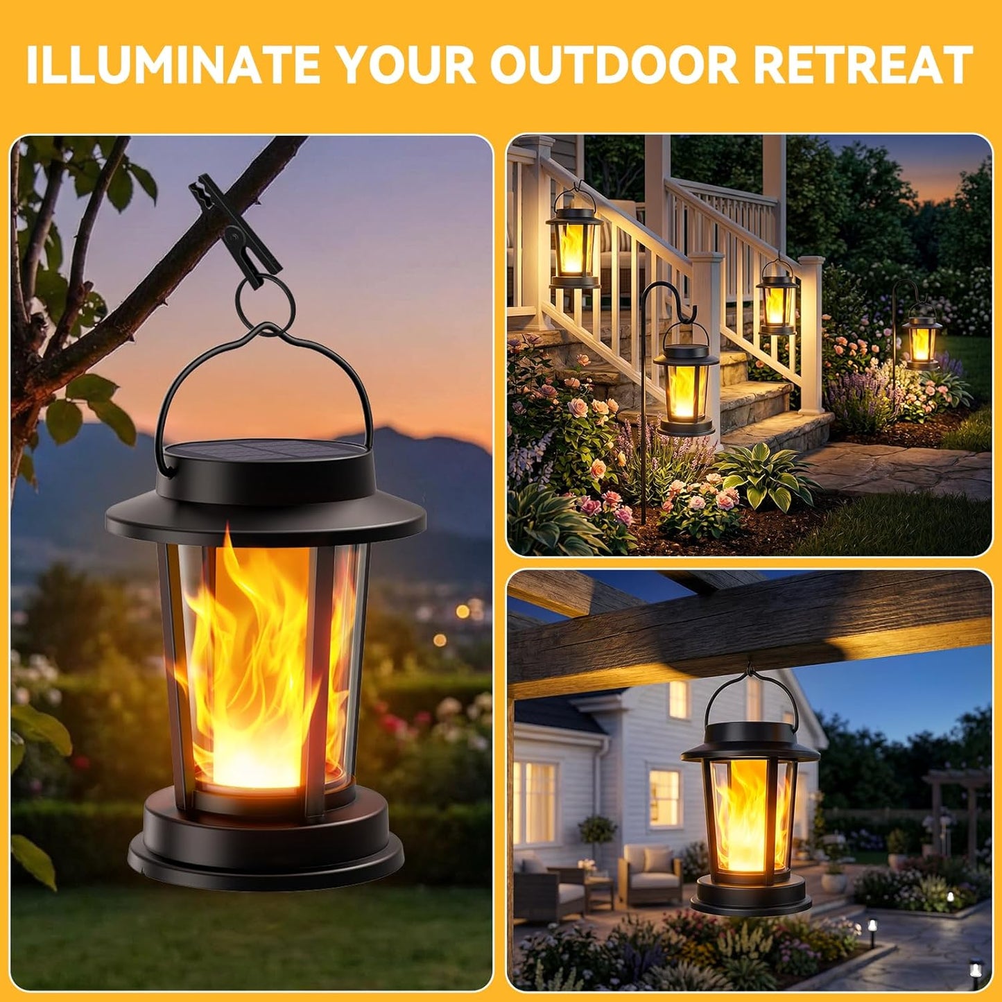 Solar Lanterns Outdoor Waterproof, Upgraded Flickering Flame Solar Lights Outdoor, Solar Powered Lanterns Decorative, Hanging Solar Lantern for Garden Yard Patio Path Porch Tree Decor 2 Pack