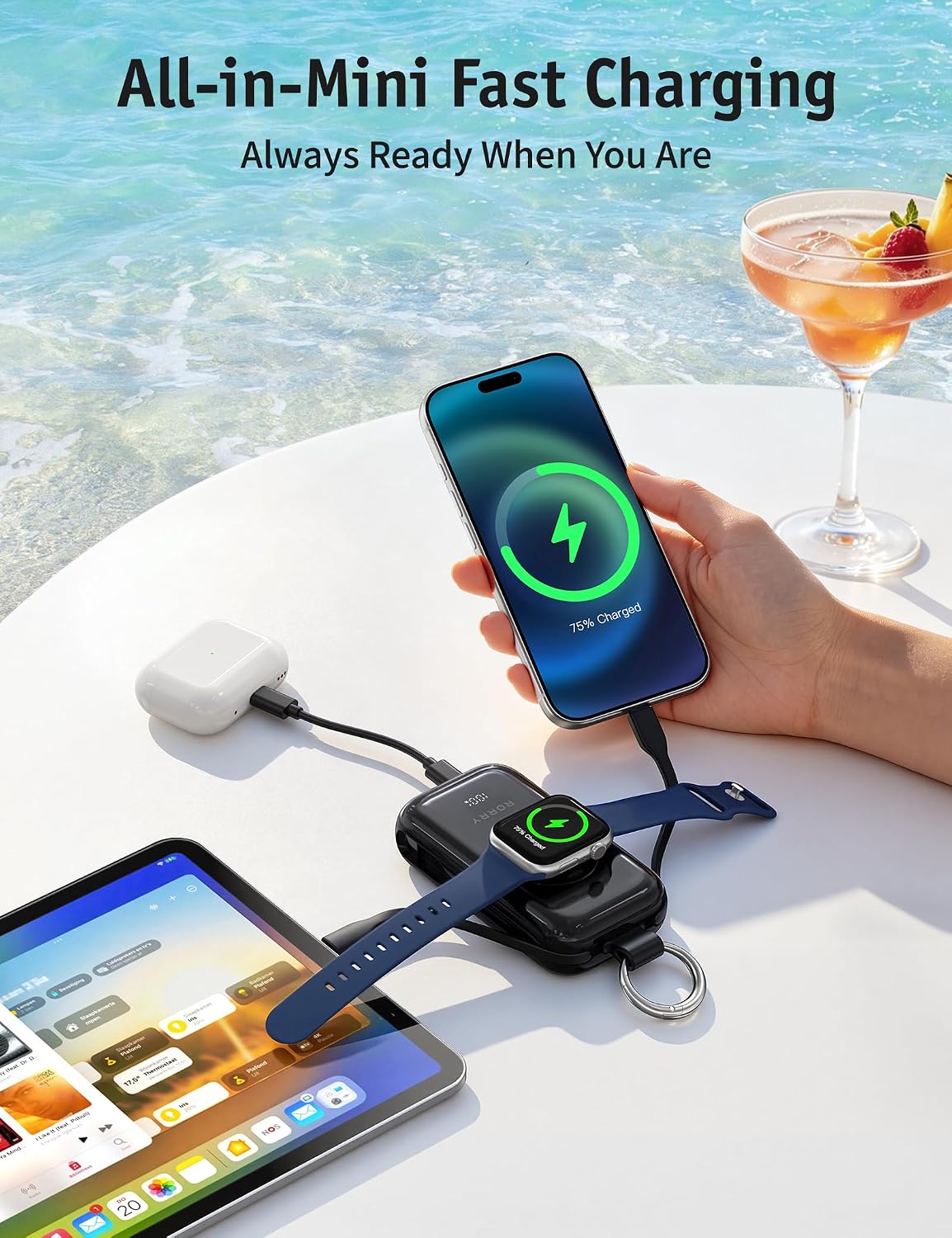 RORRY CharmGo Pro 45W Portable Charger Power Bank 10000mAh Battery Pack | Fast Charging, Built-in Cables, 3-in-1 Keychain Design, for iPhone, Apple Watch, iPad, MacBook, Travel Essential, Pocket Size