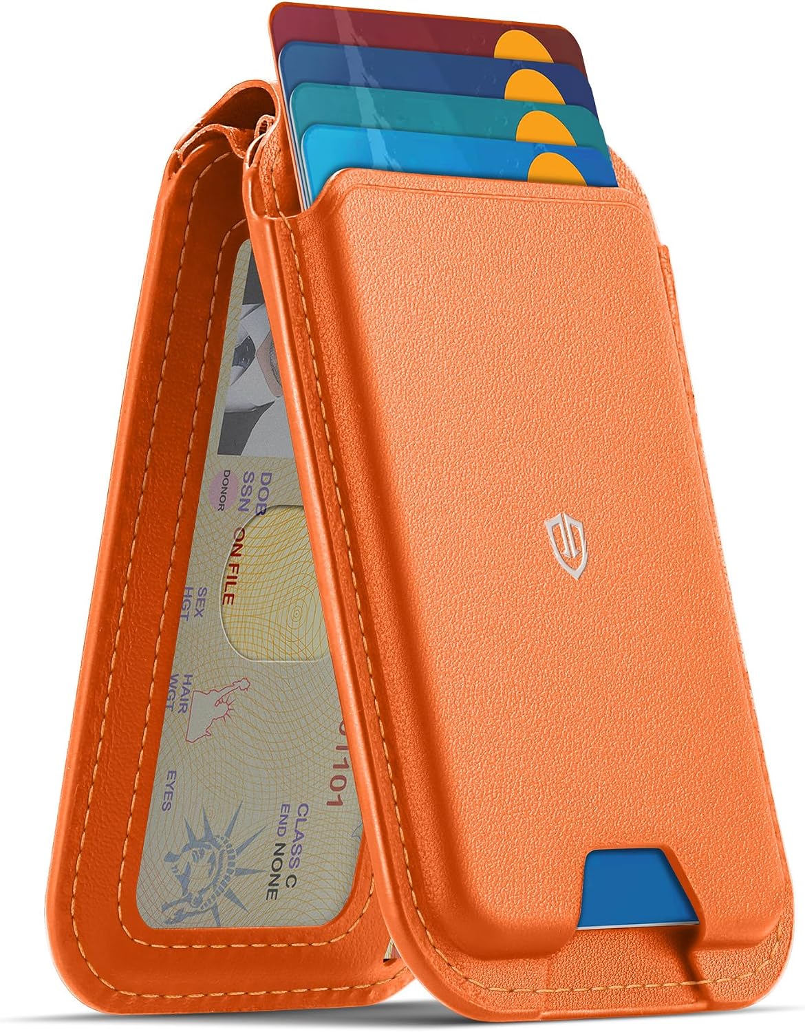 SHIELDON Genuine Leather Magnetic Wallet Stand for MagSafe, Orange | Strong Magnetic, 6 Card Holders, Kickstand, Rfid Blocking, Quick-access, ID Window, for iPhone 17/16/15/14/13/12 Series