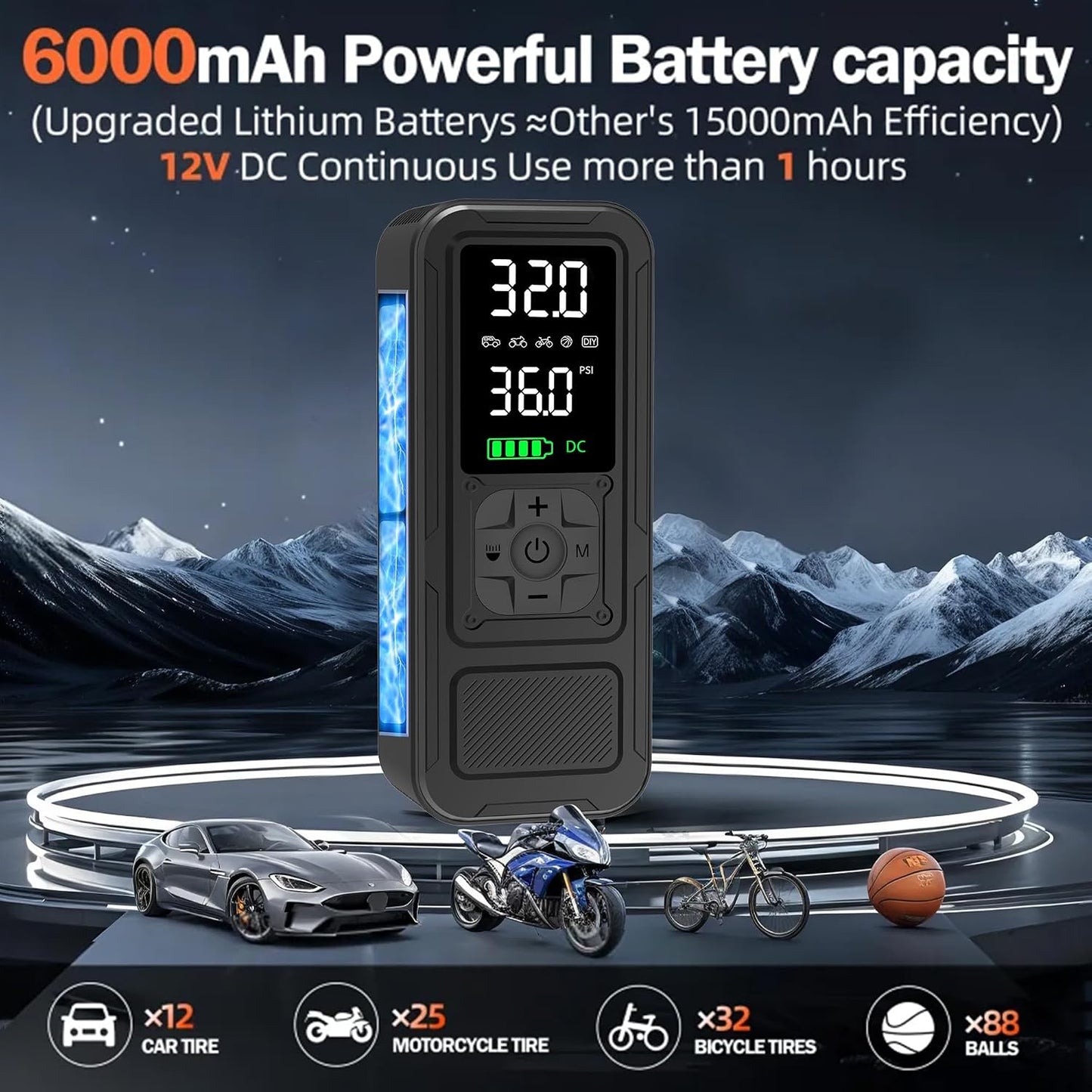Y34 Tire Inflator Portable Air Compressor,4X Faster Inflation,6000mAh Cordless/12V DC 150PSI Air Pump with Digital Pressure Gauge for Car,Motorcycle,Bike,Ball Gifts for Men