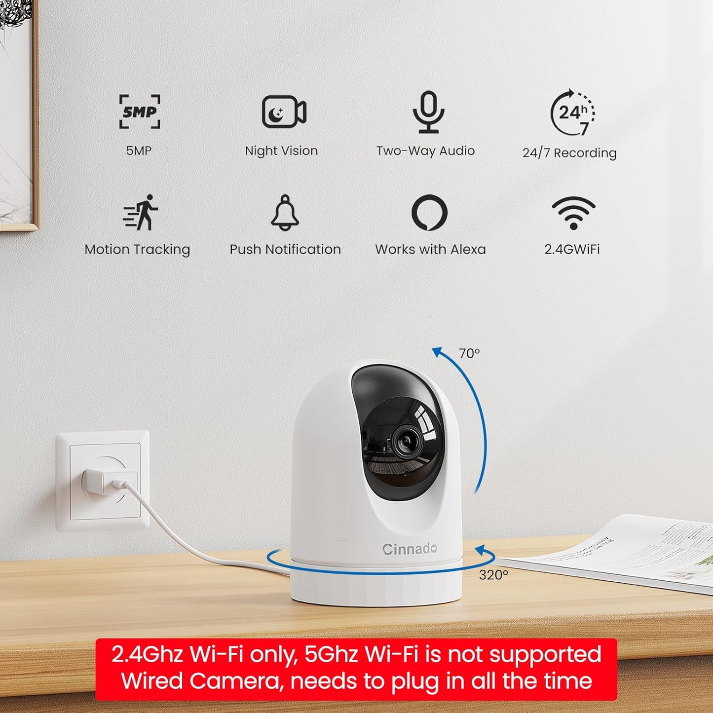 Cinnado 2K Security Camera Indoor for Pet/Dog/Baby with Phone App, D1 1Pack | 360° 2.4Ghz Wi-Fi Cam as Elderly/Baby Monitor, 2-Way Audio, Night Vision, 24/7 SD Card Storage, Alexa & Google Compatible