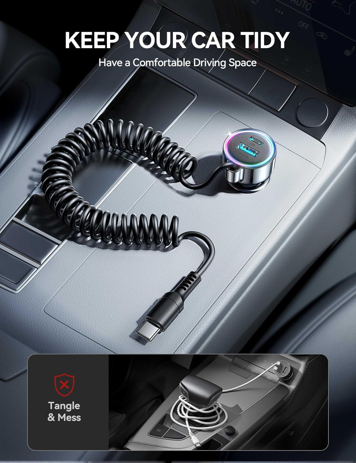 FLYLEADV 90W Car Charger USB C Fast Charge, PD45W for iPhone 17/16 Pro Max | 3-Port PD&QC3.0, 5ft Type C Coiled Cable, Super Fast Cigarette Lighter Adapter for Samsung S26/S25/S24, Pixel Android, iPad