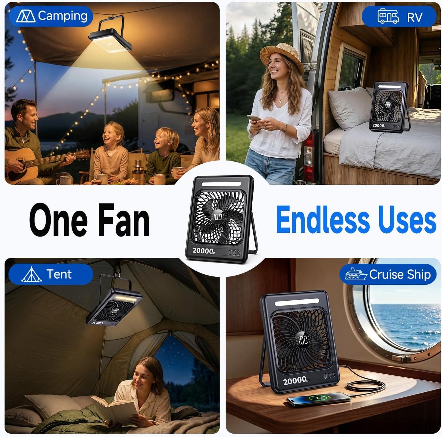 20000mAh Battery Powered Fan, Max 60H Runtime, Ultra-Slim Travel Fan, 5 Speeds Portable Rechargeable Fan with LED Lantern, 2/4/6/8 Timer Personal Camping Fan for Cruise Fishing Ship Tent Office Home