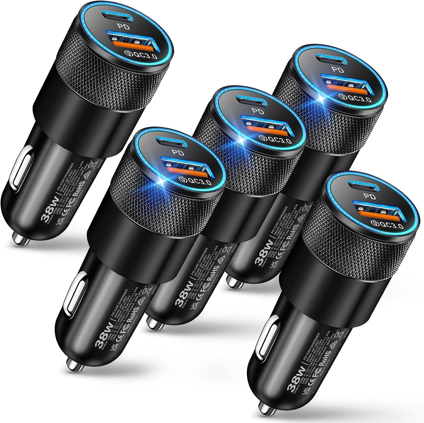 Car Charger, 5Pack 38W Dual Ports USB-C+USB-A Cigarette Lighter Adapter | Fast Charging Car Phone Charger for iPhone 17 Pro Max 16 16e 15 14, Samsung S24, Pixel Cargador para Carro Phone Plug