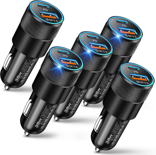 Car Charger, 5Pack 38W Dual Ports USB-C+USB-A Cigarette Lighter Adapter | Fast Charging Car Phone Charger for iPhone 17 Pro Max 16 16e 15 14, Samsung S24, Pixel Cargador para Carro Phone Plug