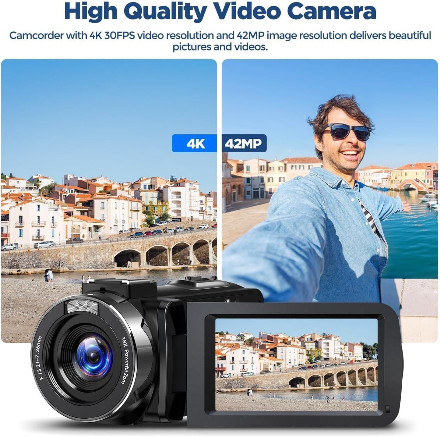 4K Video Camera Camcorder 42MP, 3.0" 270° Rotation Screen, 18X Digital Zoom YouTube Vlogging Camera with 2 Batteries, Remote Control, Webcam, 32G SD Card & Lens Cap