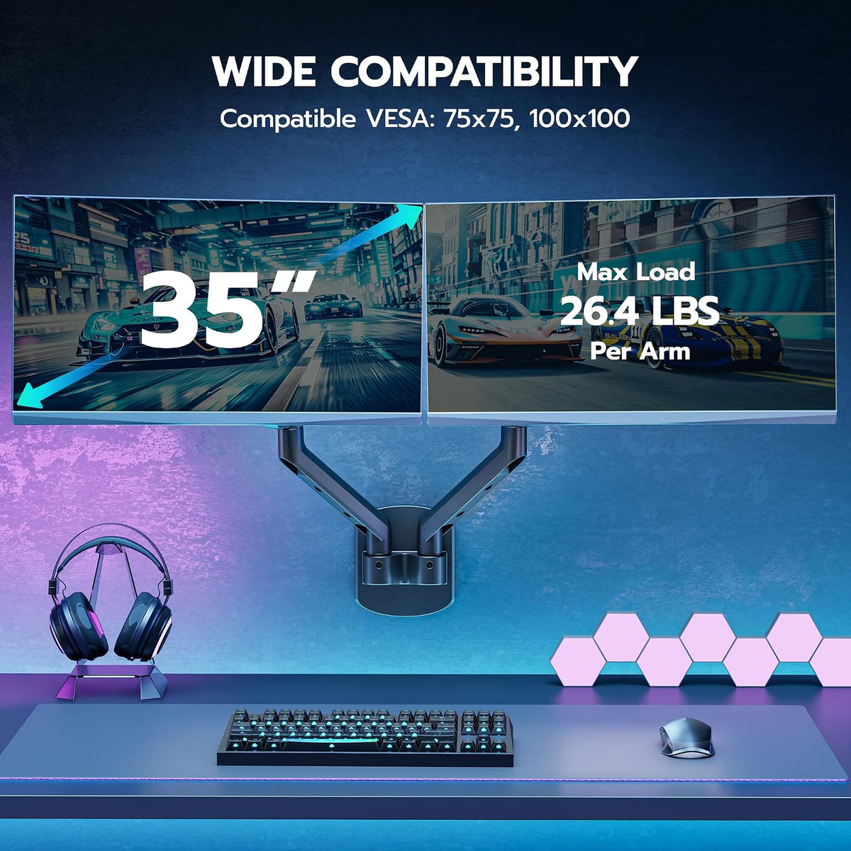 ARES WING 17-35 Inch Ultrawide Dual Monitor Wall Mount, Black