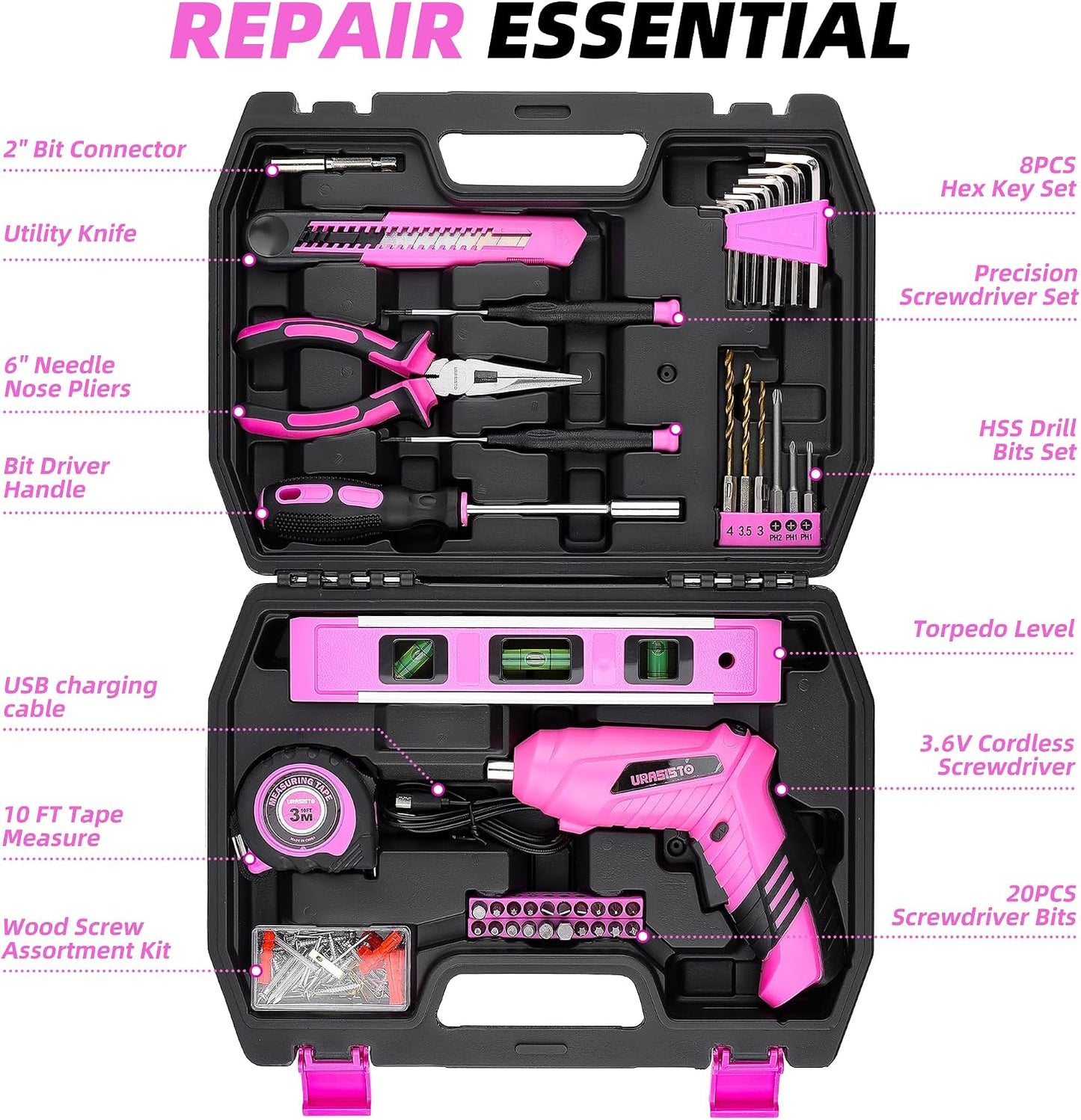URASISTO 123 Piece Pink Household Tool Set with 3.6V USB Electric Screwdriver, Home Tool Kit with Cordless Lithium-ion Drill Driver, HandTool Kits for Women