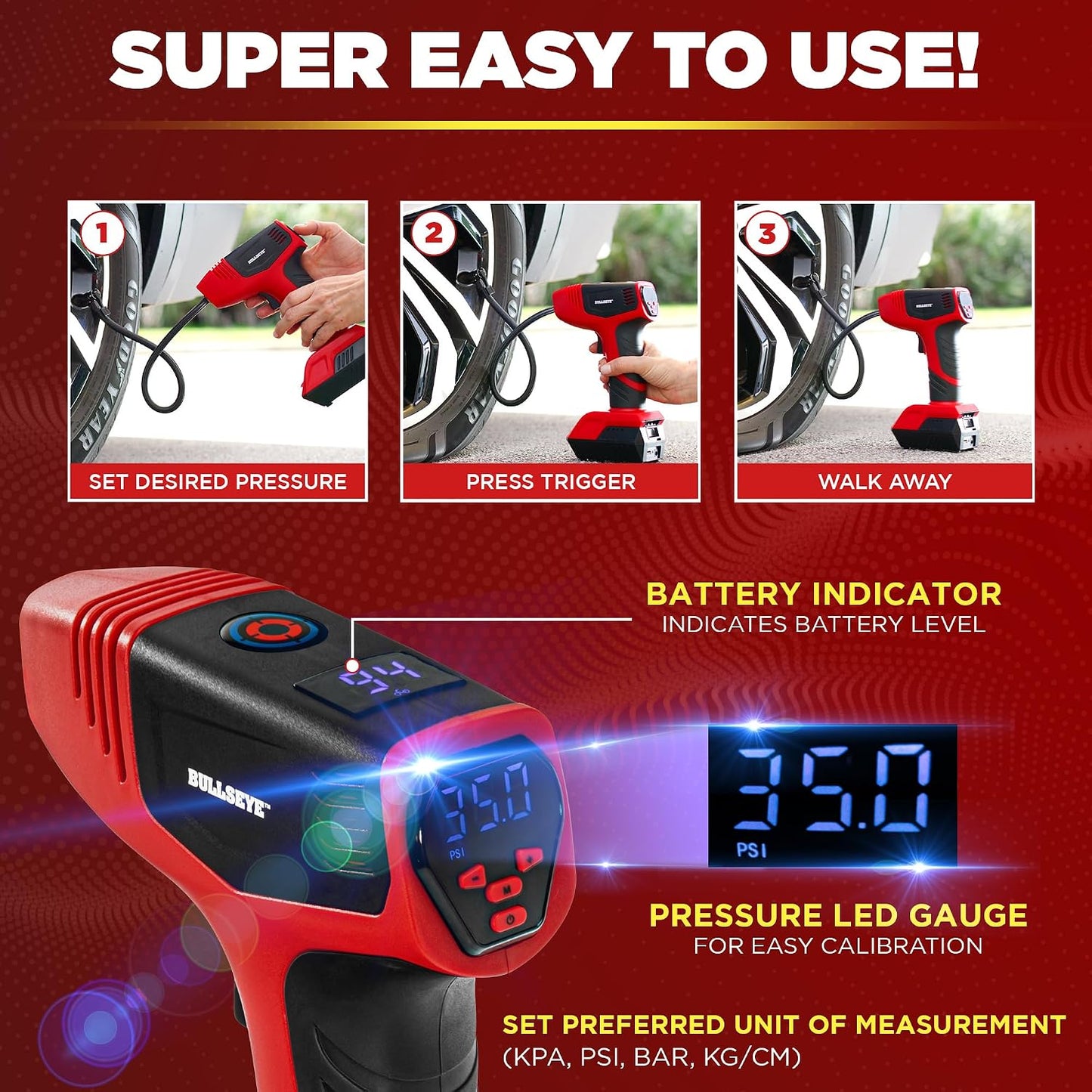 Bullseye Pro Max Deluxe Tire Inflator Portable Air Compressor, Portable Air Pump for Car Tires, Car Tire Inflator Portable - 150PSI, 12V DC 2000 mAhs, Tire Pressure Gauge, Rechargeable As Seen On TV