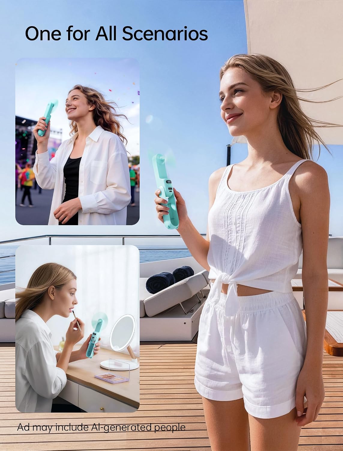 JISULIFE Portable Handheld Fan, 3 In 1-Fan, Power Bank, Flashlight, Cyan | Mini Cooling Essential for Outdoor, Small, On-the-Go Pocket Hand Design, 24 Hours, Auto Shut-Off Safety Soft Blade