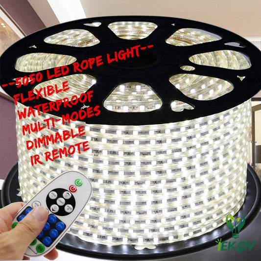 White Color LED Strip Light, AC 110-120V Flexible/Waterproof/Multi-Modes Function/Dimmable SMD5050 LED Rope Light with Remote for Home/Office/Building Decoration (131.2ft/40m)