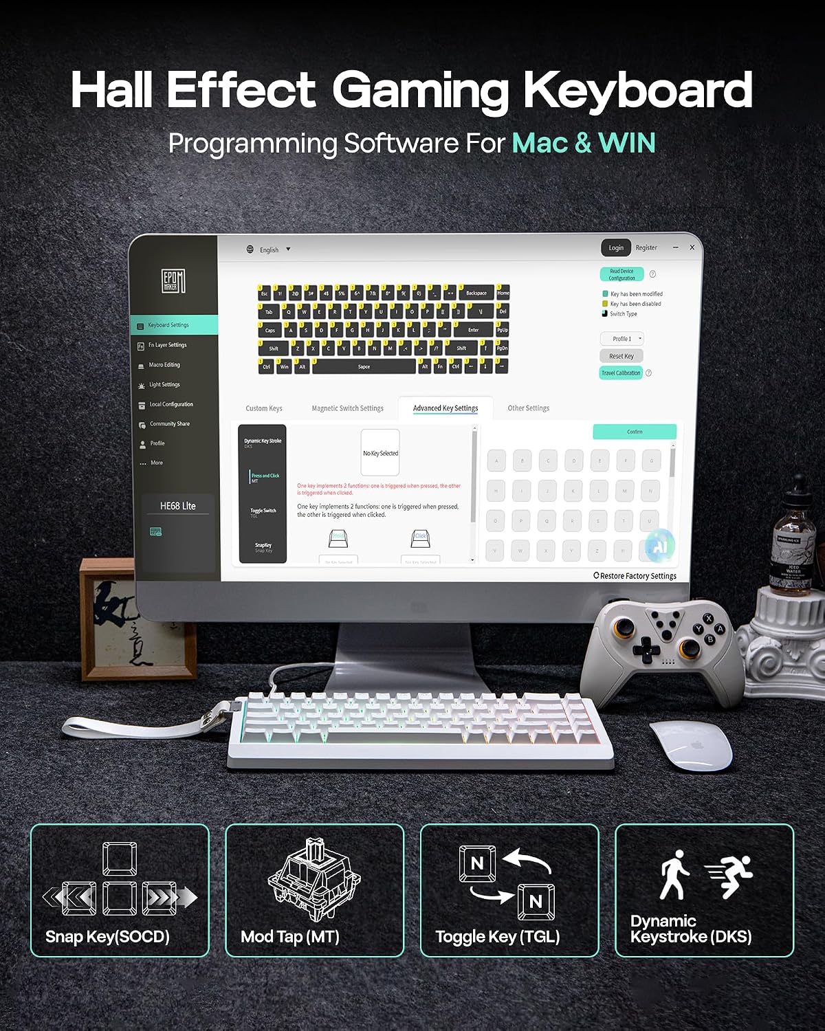 EPOMAKER HE68 Lite Hall Effect Gaming Keyboard, 8k Polling & 128K Scan Rate, 0.01mm Adjustable Trigger, 0.125ms Latency, 5-Layer Sound-Dampened, Snap Key, SOCD, A-RGB, Wired, Mac Software (White)