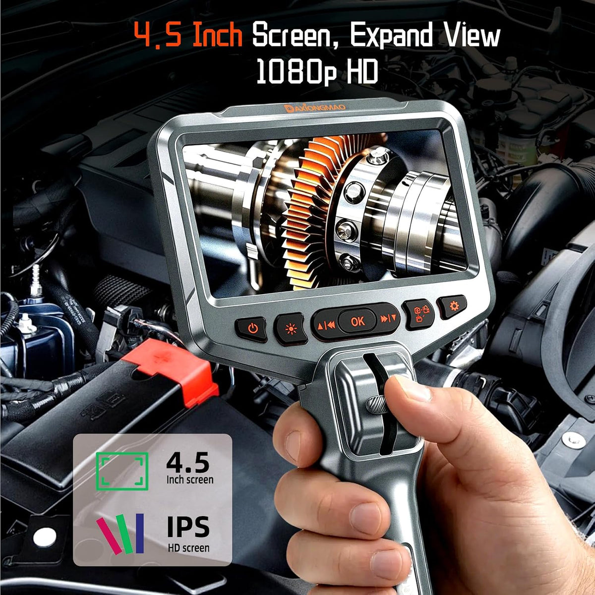 Two-Way Articulating Borescope, 1080P HD Inspection Camera with LED Lights | Industrial Endoscope Tool for Automotive HVAC Plumbing, 5ft Semi-Rigid Snake Probe, IP67 Waterproof & 4.5" IPS Screen