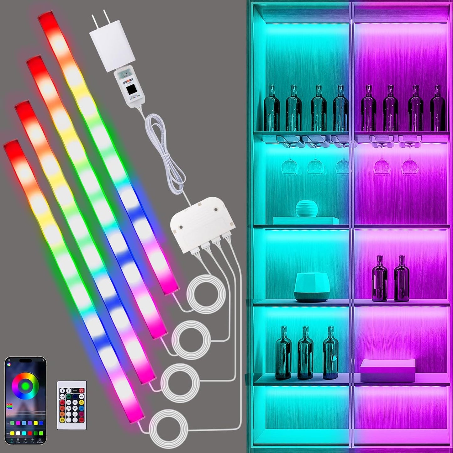 JUSJUBR RGB Shelf Lights, 4 PCS 12 Inch LED Light Bars for Night Ambient Lighting, Multiple Colors and Lighting Modes, App & Remote Control, Mood Lighting for Shelves, Cabinets, Display Cases, Desks