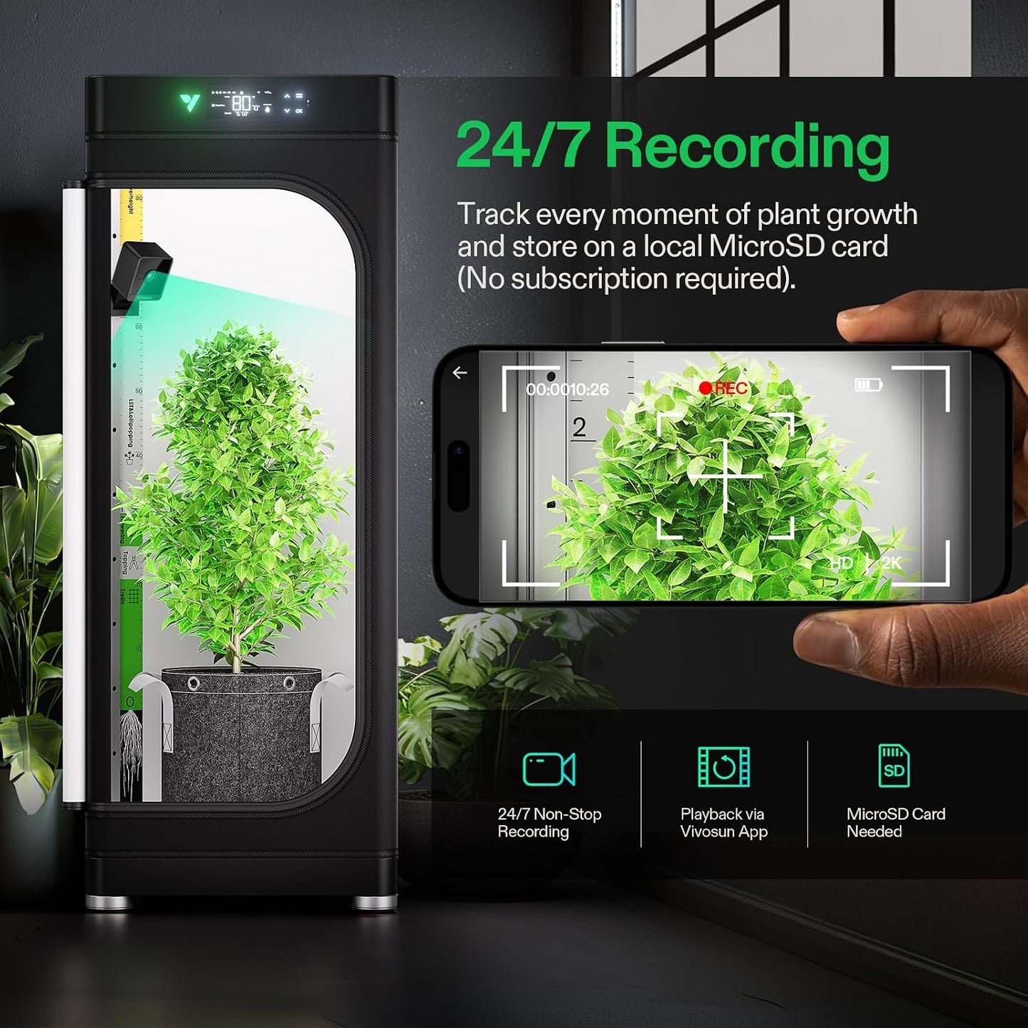 VIVOSUN GrowCam C4, 2K QHD WiFi Smart Camera for Grow Tent & VGrow Smart Grow Box, Supports 2.4GHz WiFi (Not 5GHz/6GHz), Timelapse, Night Vision, SD Card Storage, 2-Way Audio, App Control