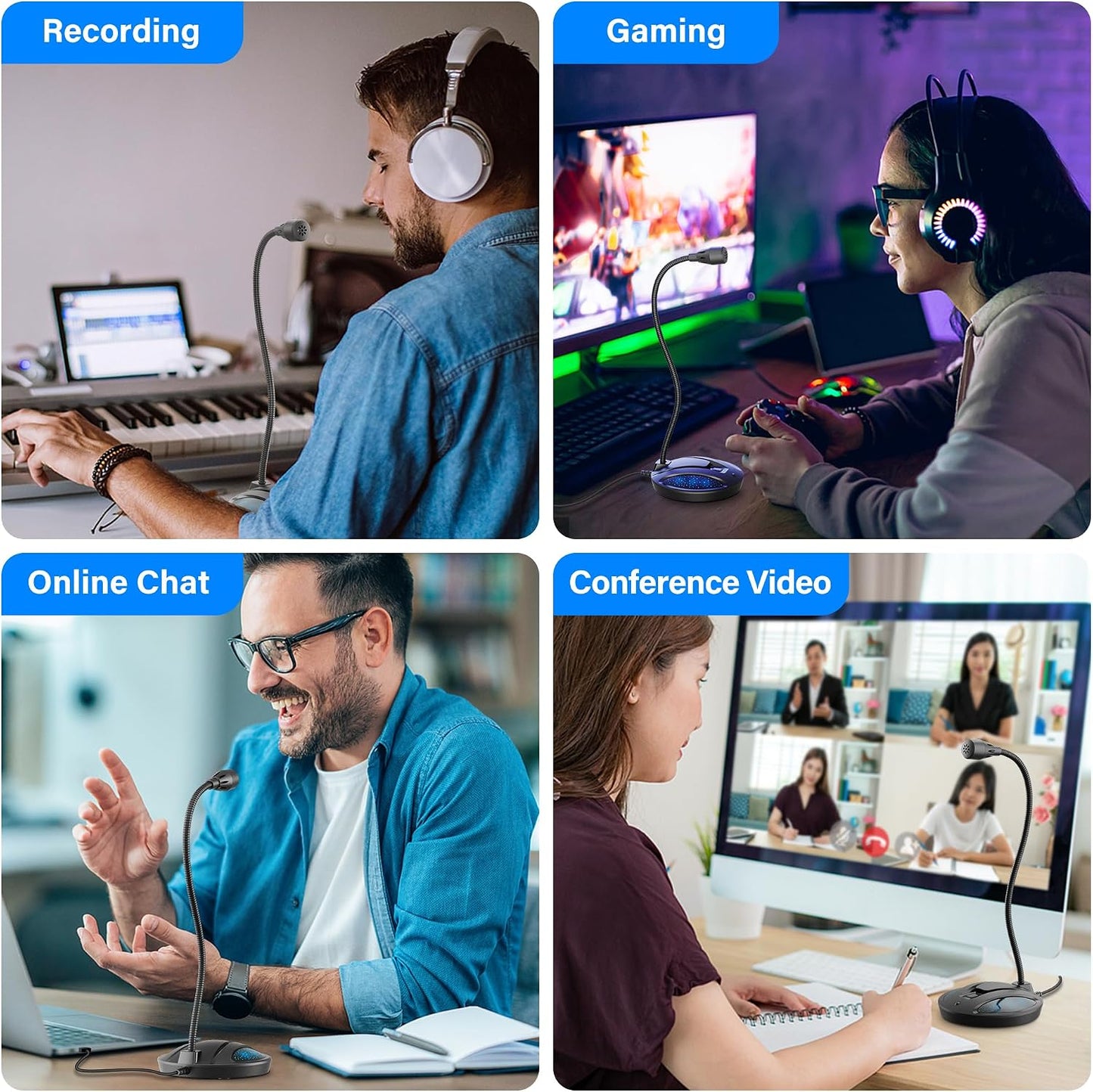 Plug & Play USB Computer Microphone, Flexible Gooseneck Desk Microphone for Podcasting, Streaming, Conference, Noise Canceling Microphone with Mute Button LED for PC/Mac