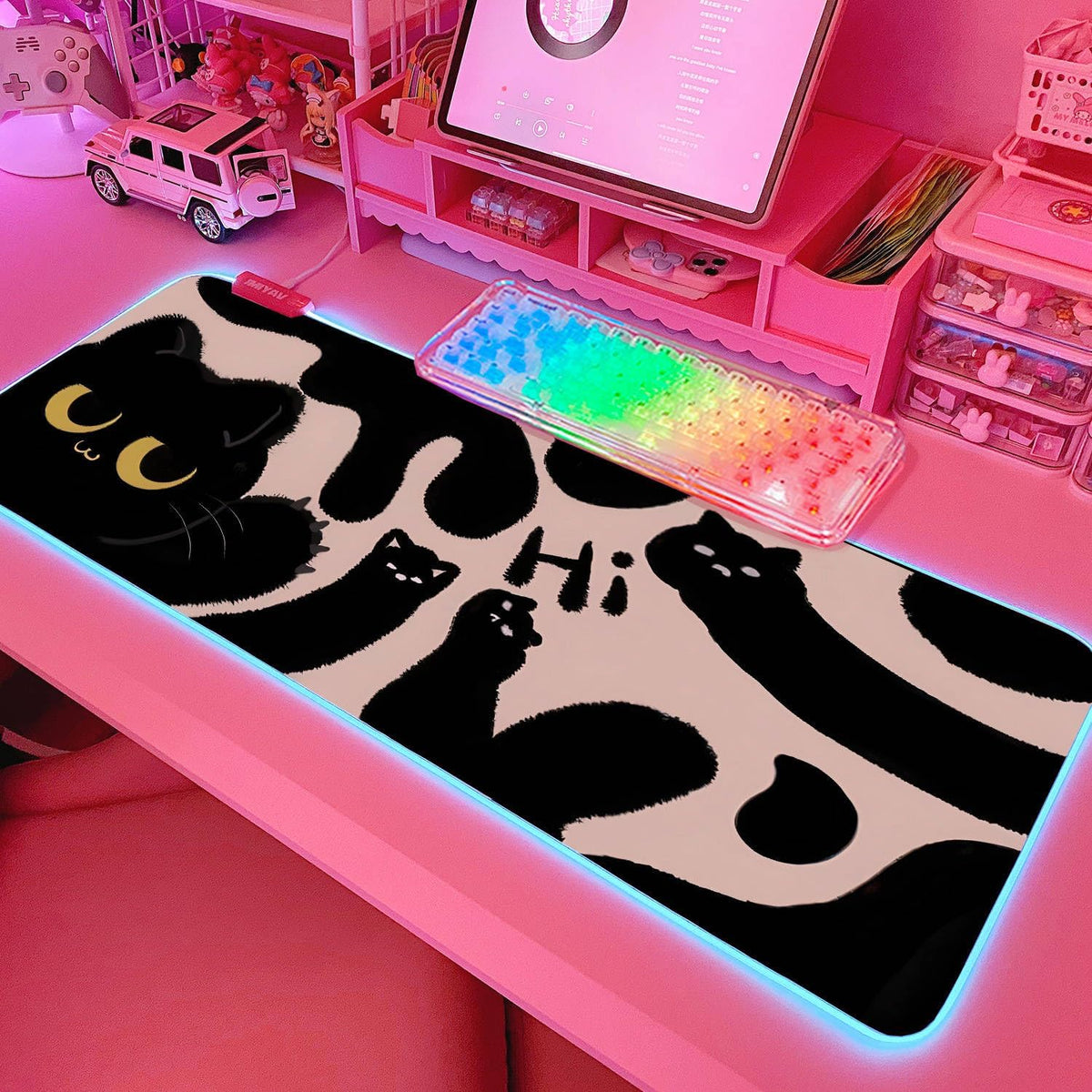 JMIYAV Pink RGB Gaming Mouse Pad 31.5x12 Inch PC XL Large Extended Glowing Led Light Up Desk Pad Non-Slip Rubber Base Computer Cute Mousepad Mat Desk Accessories Gaming Setup Wavy Cat