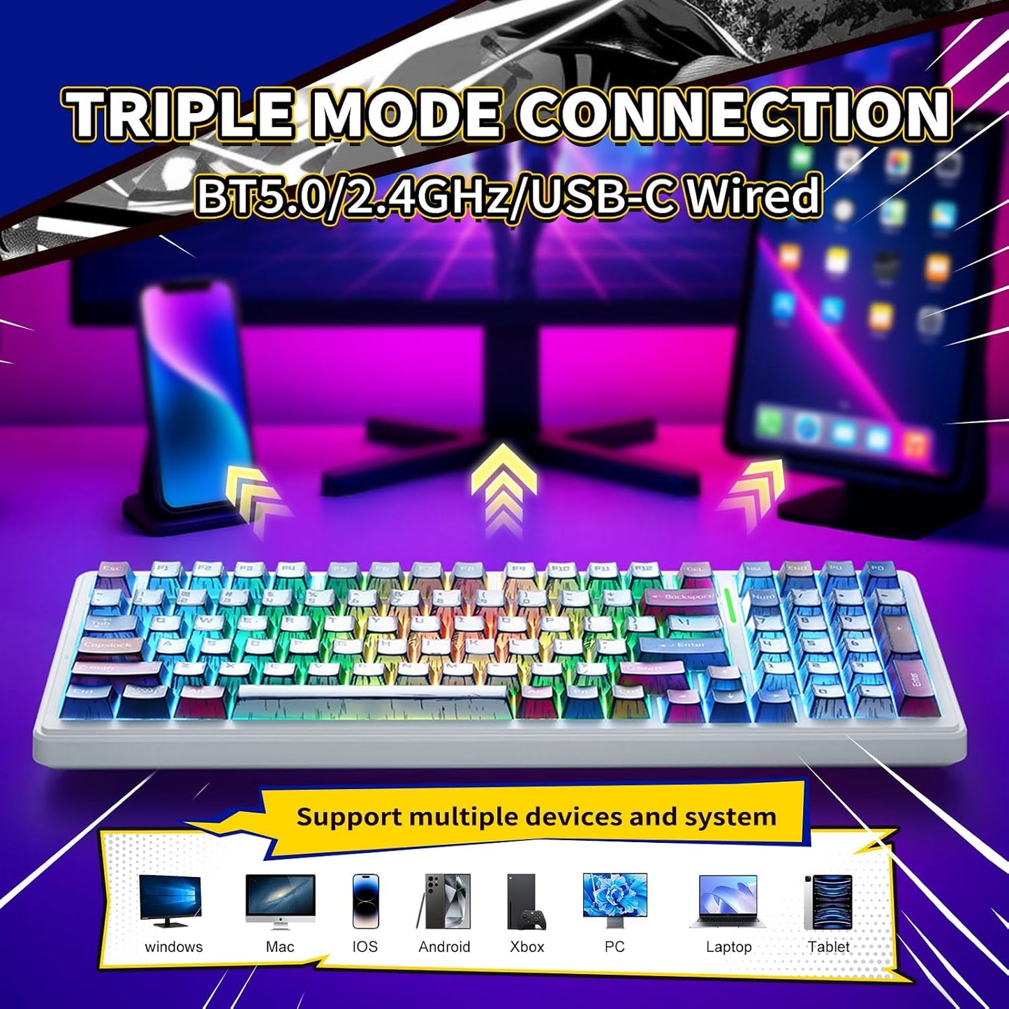 Aula F99 Mechanical Keyboard Wireless Creamy Computer Gaming Keyboards | 8000mAh Rechargeable,Hot Swappable Custom,RGB Backlit,Tri-Mode BT5.0/2.4GHz/USB-C,Pre-lubed Linear Switches,Gasket Structure