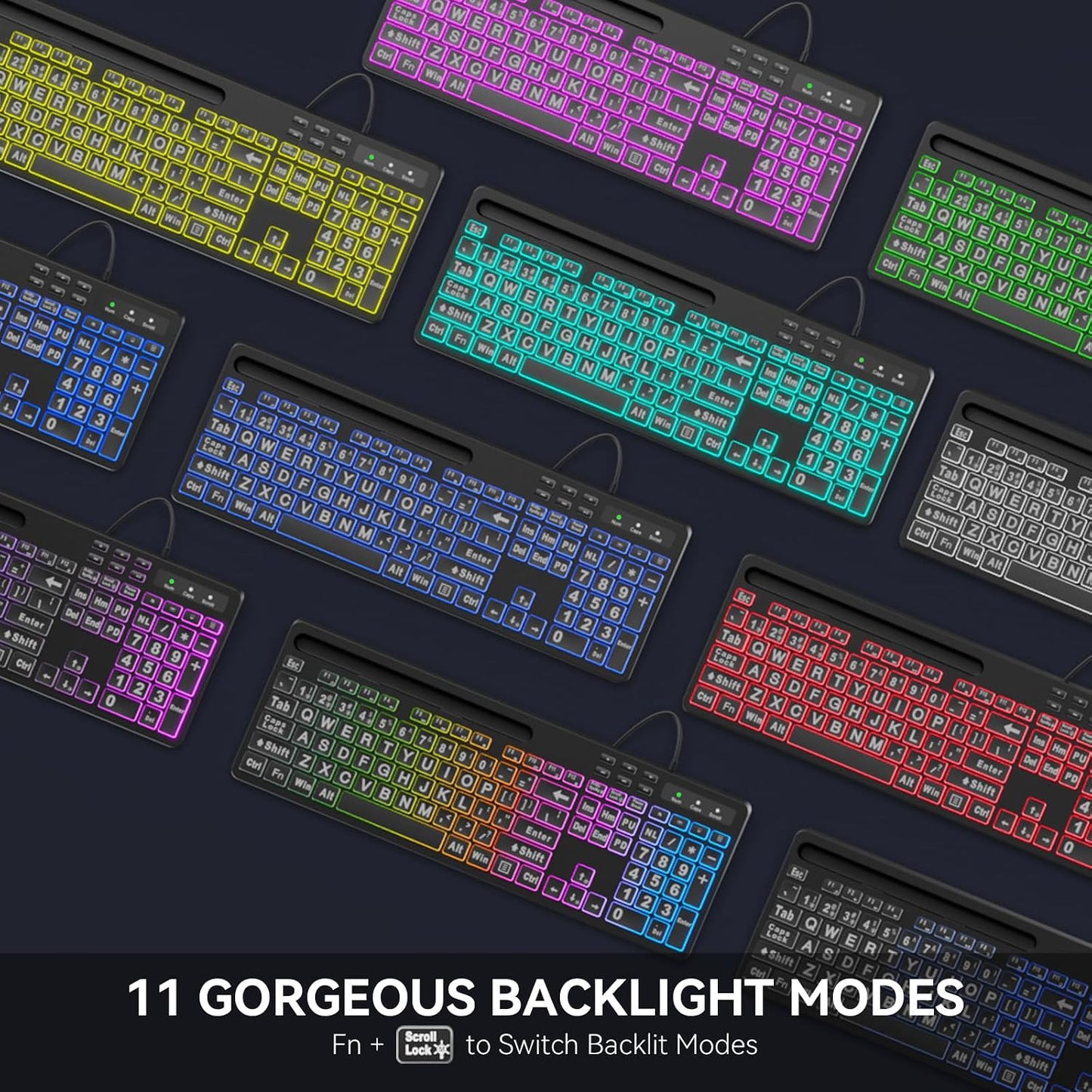 MARVO Large Print Backlit Keyboard, WK712 Wired Computer Keyboards with 7 Colors & 11 Modes Backlight, Tablet Phone Holder and Quiet Light Up Keys, Full-Size Gaming Keyboard for Windows, Mac