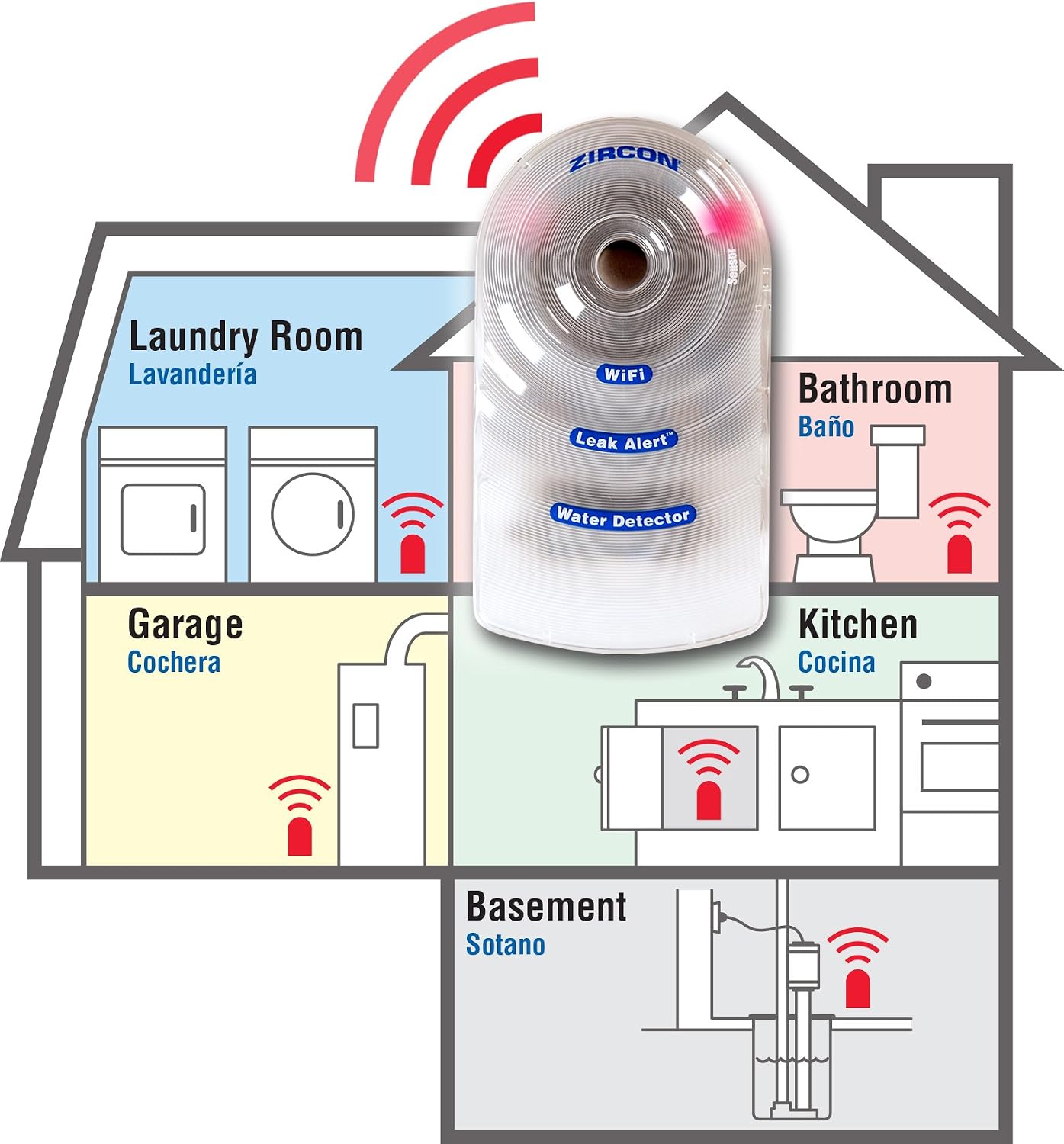 Zircon Leak Alert WiFi - Smart Electronic Water Detector Alarm with Email, Audio and Visual Alerts - Battery Included