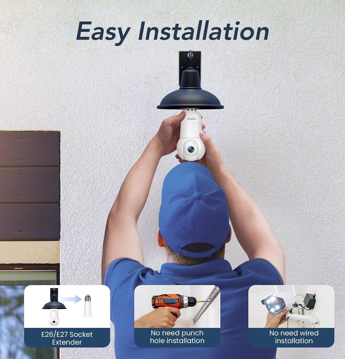 GNCC 2K Light Bulb Security Camera, 360° Outdoor Camera 2.4G WiFi (1-Pack) | Easy Screw-in Porch/yard Bulb socket, Full color night vision, Motion Detect, Built-in LED Bulb/Spotlight, SD/Cloud Storage