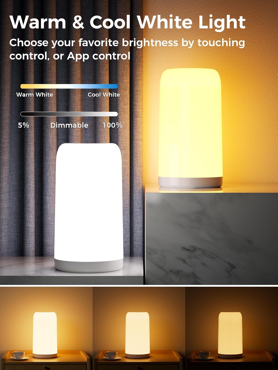 VOLIVO Smart Touch Bedside Lamp, Bluetooth App Control, Dimmable &amp; Timer | Bluetooth APP. 16M RGB + 2700K-6500K. 5%-100% dimming. Timer for sleep/wake. For bedroom, nursery &amp; office.