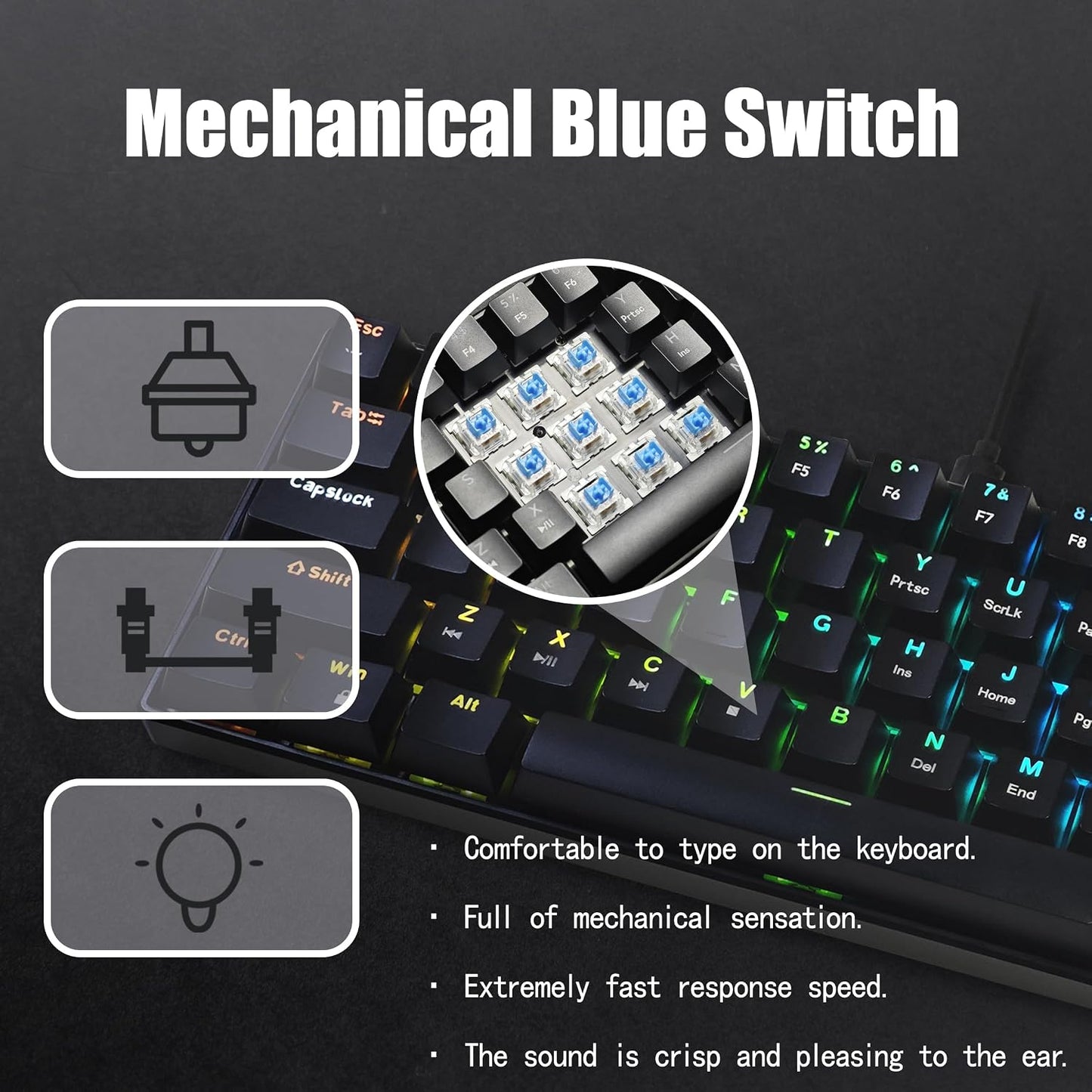 Mechanical Keyboard, 60% Mechanical Gaming Keyboard with Blue Switches and Dynamic 26-Mode RGB Backlight - Plug and Play, 61-Key, Anti-Ghosting, for PC, Windows, Mac, Gamer, Office, Typists