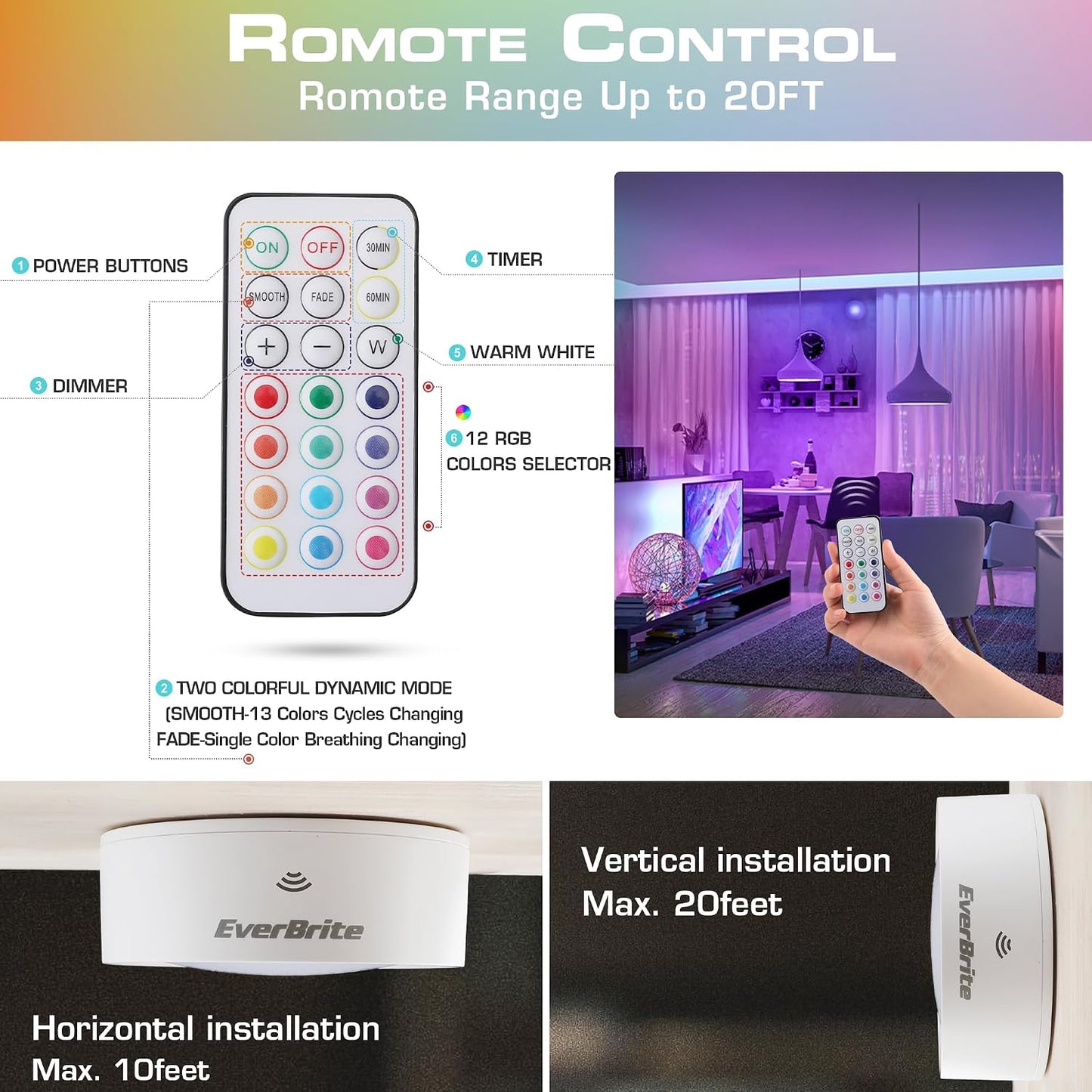 EverBrite Puck Lights with Remote, RGB 13 Color Changing Lights with Dimmer | Under Cabinet Lights, Dimmable Closet Lights with Timer, AA Battery Included, Push, Touch, Stick on for Night, 6-Pack