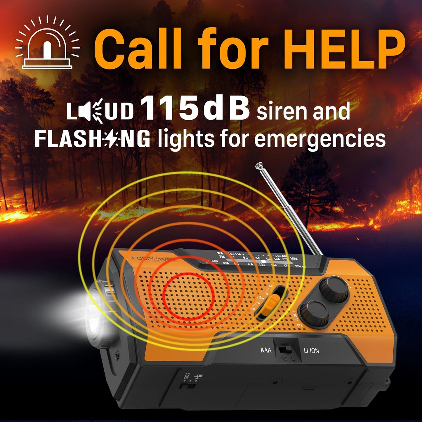 FosPower NOAA Emergency Weather Radio A1 7400mWh Portable Power Bank, AM/FM, USB/Solar/Hand Crank Charging, Battery Operated, SOS Alarm & Flashlight for Indoor/Outdoor Emergency - Orange