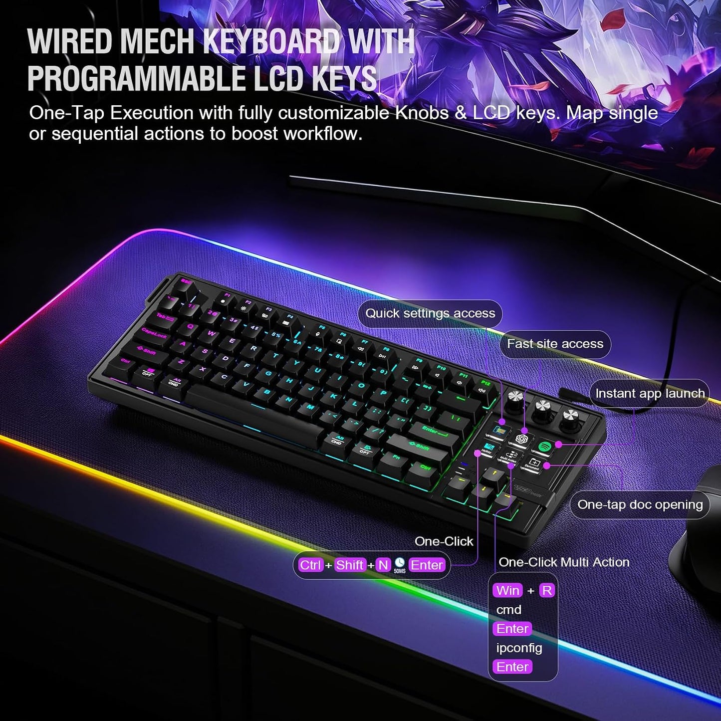 K1 Pro Macro Keyboard, Wired Only Full-Key Programmable On-Board Keypad, Custom Gaming Streaming Mechanical Keyboards with Screen & Knob, Gasket, RGB Backlit, Hot Swappable Shortcut Pad