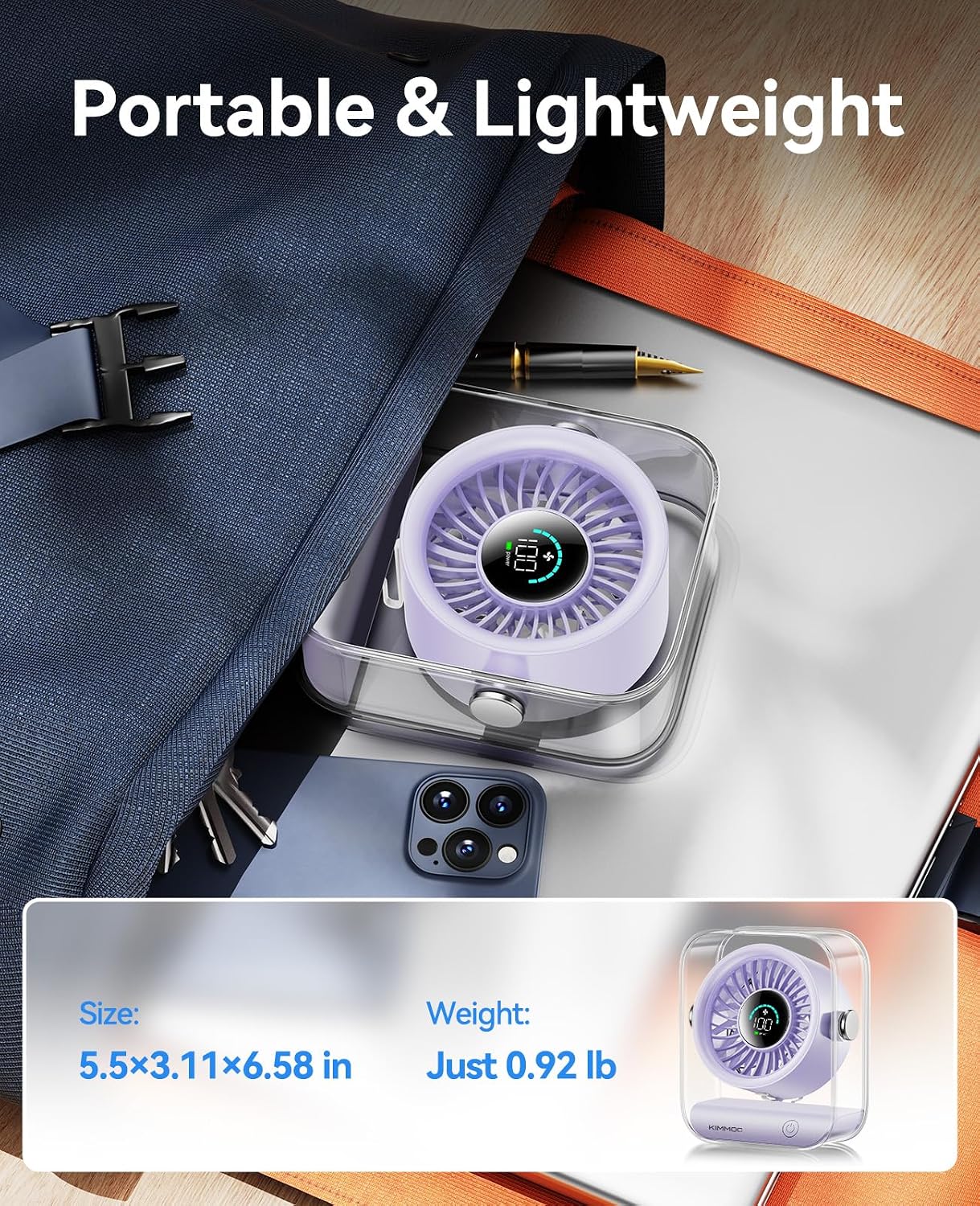 KIMMOO USB Desk Fan, Quiet Table Fan with Turbo Airflow, 100 Speeds, Digital Display, 90° Rotating, Small Rechargeable Battery Desktop Fans for Bedroom Home Office Travel, Lavender