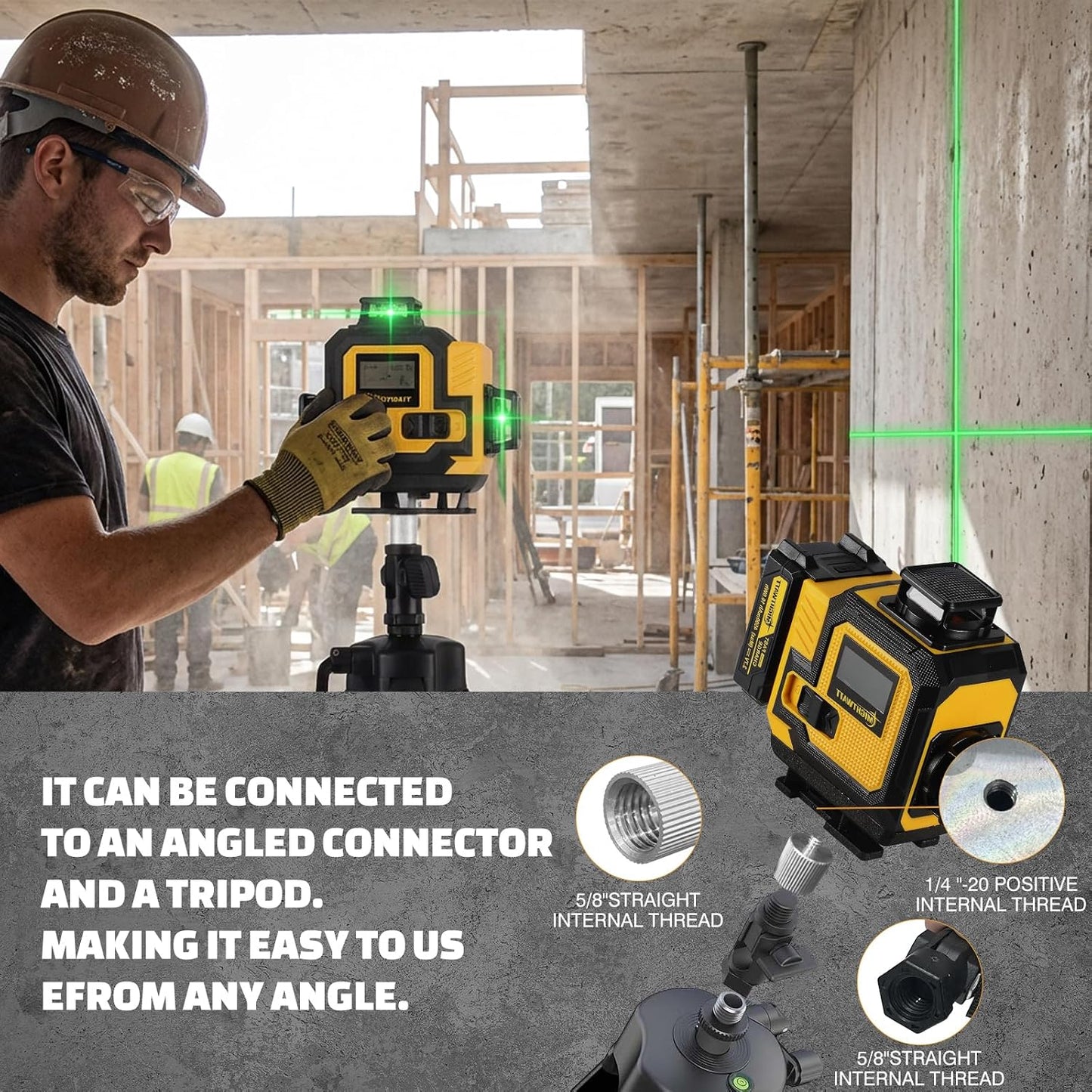 4D 16 Line 360° Self Level Green Laser Level Kit Tripod Battery Bracket | 360° all around Laser Lines Auto Self Leveling Function High Precision Layout Tool