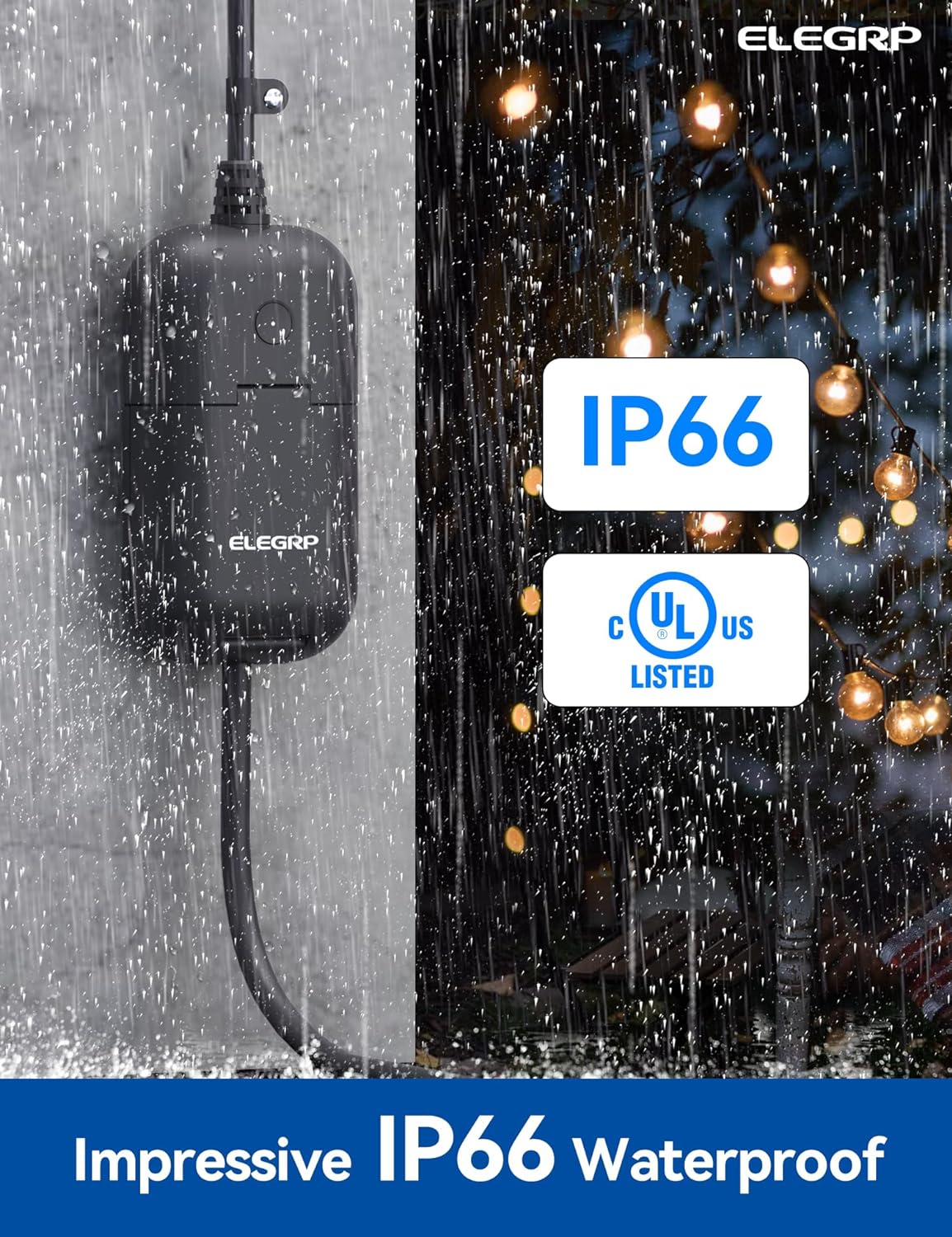 ELEGRP PQR10 Outdoor Smart Plug Waterproof IP66, WiFi Plug Compatible with Alexa & Google Assistant, Smart Outdoor Outlet for String Lights, No Hub Required, 1875 Max, UL Certified, 1 Pack, Black