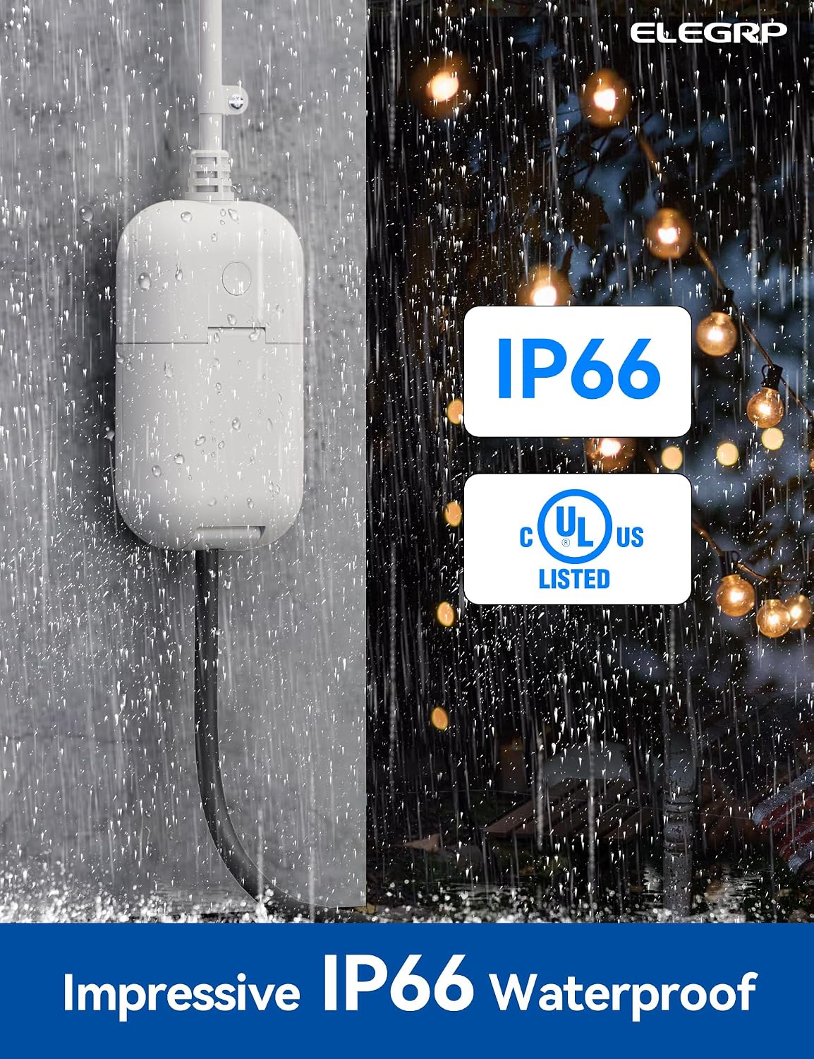 ELEGRP PQR11 Outdoor Smart Dimmer Plug Waterproof IP66, Smart WiFi Plug Compatible with Alexa & Google Assistant, Outdoor Dimmer for String Lights, No Hub Required, UL Certified, 1 Pack, Grey