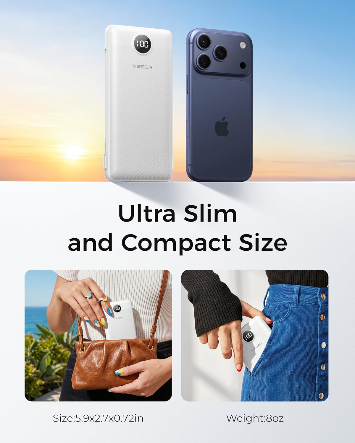 VEGER Portable Charger for iPhone, Power Bank Built in Cable and Wall Plug | 10000mAh,Ultra Slim&Compact,5 Outputs,LED Display,Flight-Safe,Travel Essentials Battery Pack for iPhone 17,iPad, Samsung,etc