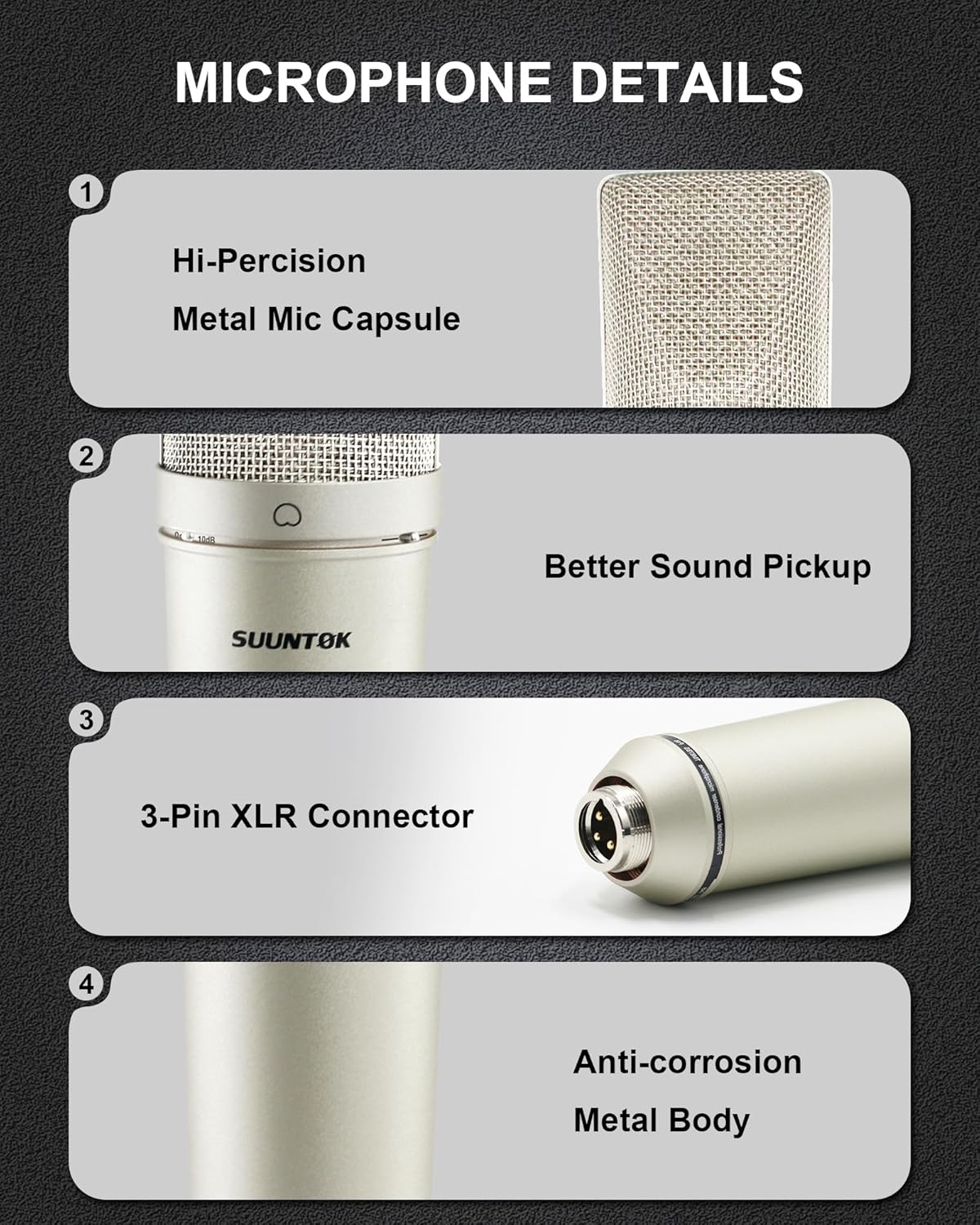 XLR Microphone, Professional Condenser Microphone with 34mm Large Diaphragm, Cardioid Studio Recording Mic Computer Gaming PC TM87KB Mic Kit for Singing, Podcasting, YouTube (Silver)