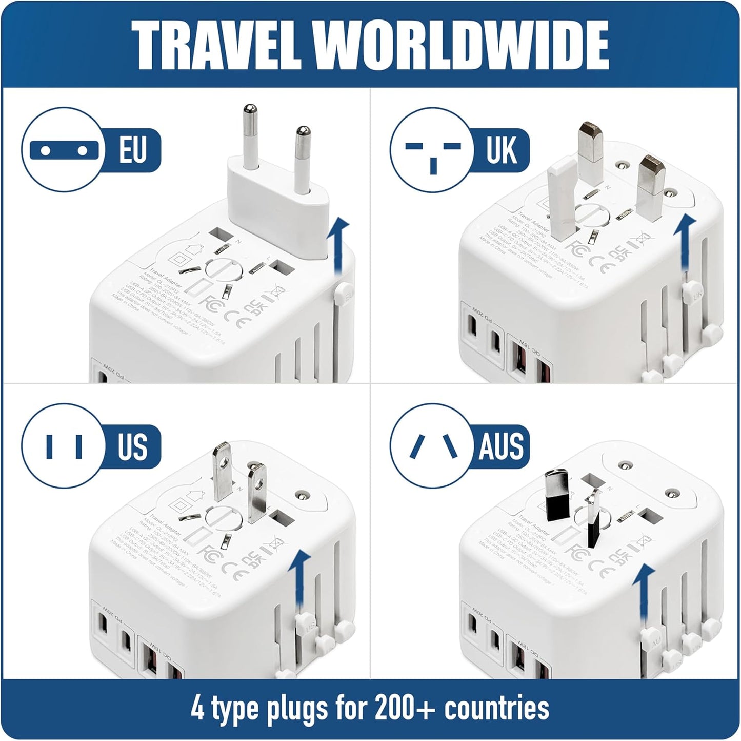 Cruise On Universal Travel Adapter, Cruise Approved (incl Royal Caribbean, Disney, MSC) - International Power Adapter [2 USB-C, 2 USB, AC] World Travel Plug Adapter Converter USA, Italy, Europe, Asia