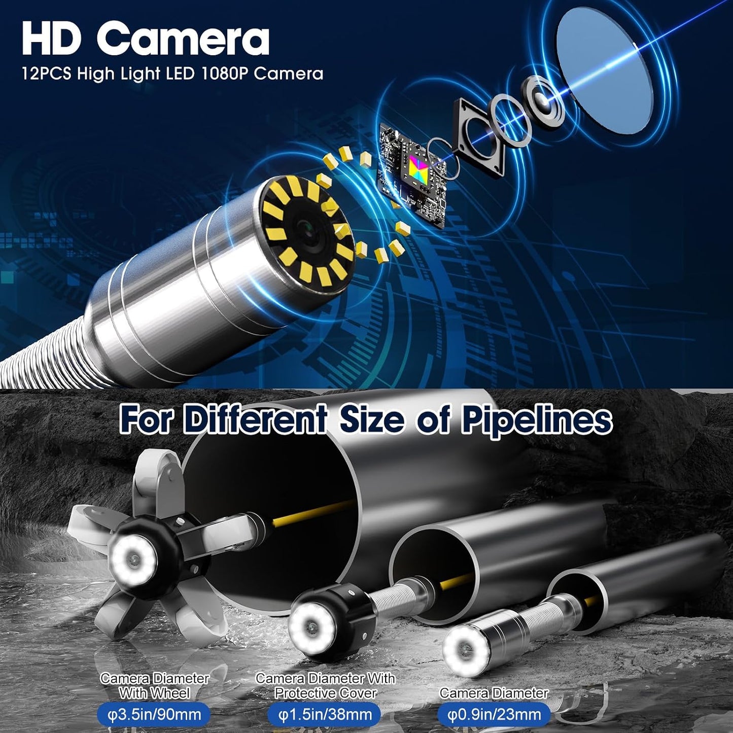 Sewer Camera 200FT,8500mAH 32GB HD JQKJCAM Duct Drain Pipe Inspection Camera with 12 Light,4.3" HD Video Screen,23MM/0.9'' Waterproof Plumbing Snake Cameras for Plumber Inspector (60m)