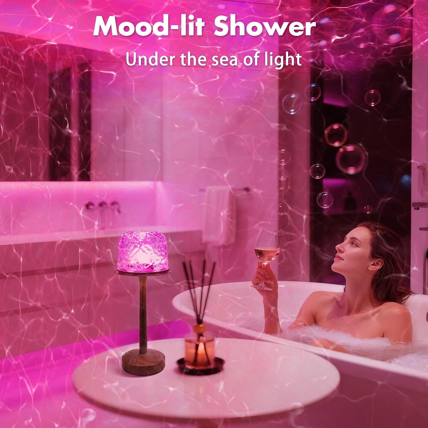 Waterproof Shower Lamp, Bathroom Lamp with Ocean Wave Projector Walnut Wood | Spa-Like Rechargeable Shower Light with Remote&Touch Control Dimmable,16 RGB Color, Cordless Mood Light for Inside Showe