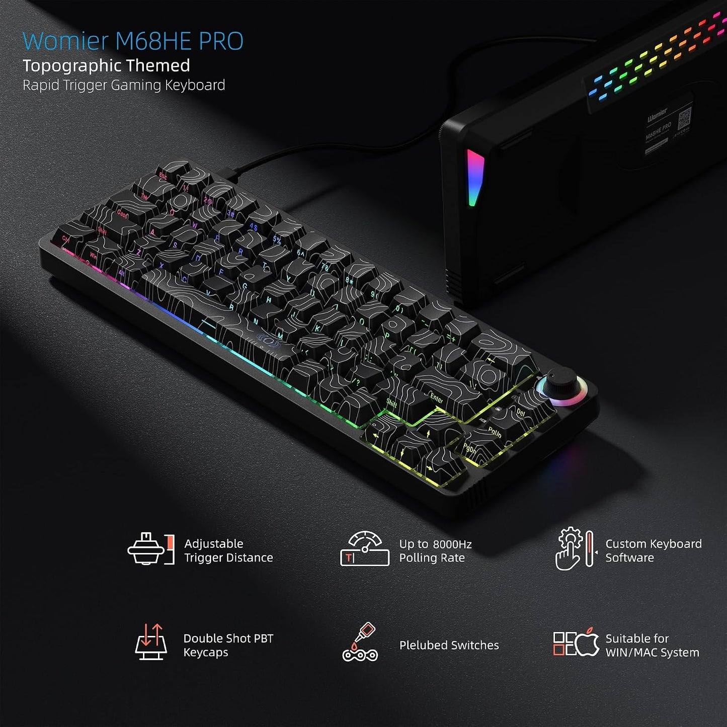 Womier M68HE PRO 60% Percent Keyboard Rapid Trigger Gaming Keyboard RGB | Hall Effect Topographic Keyboard,Wired Custom 8000 Hz Mechanical Keyboard with Magnetic Switch,PBT Keycap for Mac/Win,Black