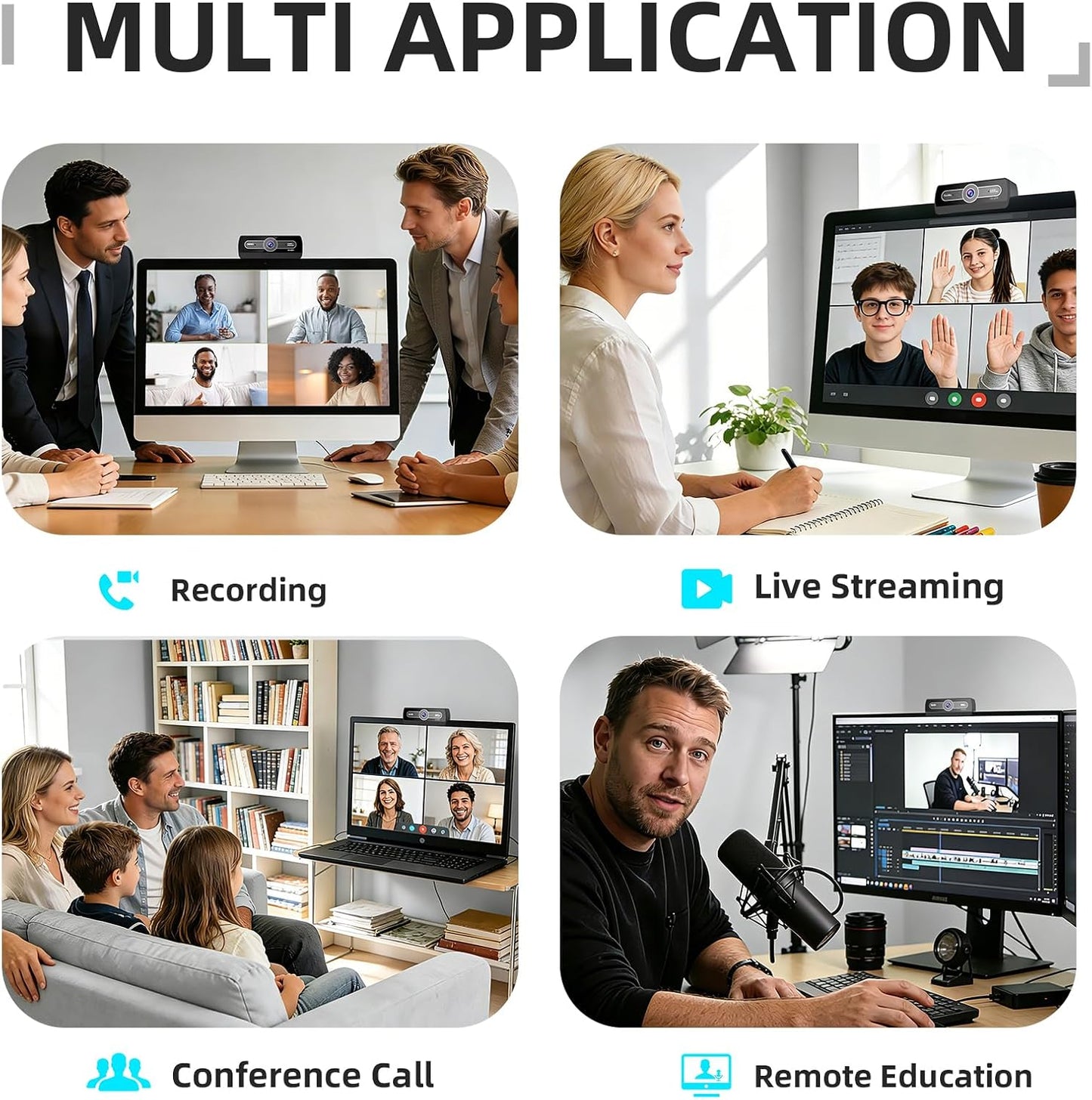 1080P Webcam with Microphone, Full HD Streaming Camera, Noise Cancelling, Auto Light Adjustment, USB Plug-and-Play Computer Camera, for Desktop PC or Laptop