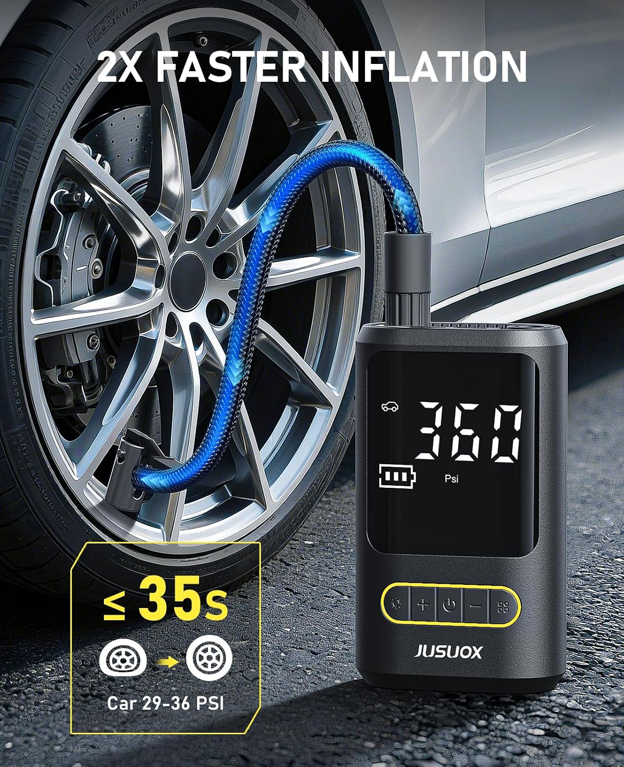 JUSUOX Tire Inflator Portable Air Compressor, 150PSI Cordless, Auto Off | Electric Bike Pump for Cars, Motorcycles & Balls, Features a Digital Pressure Gauge and LED Light for Emergencies