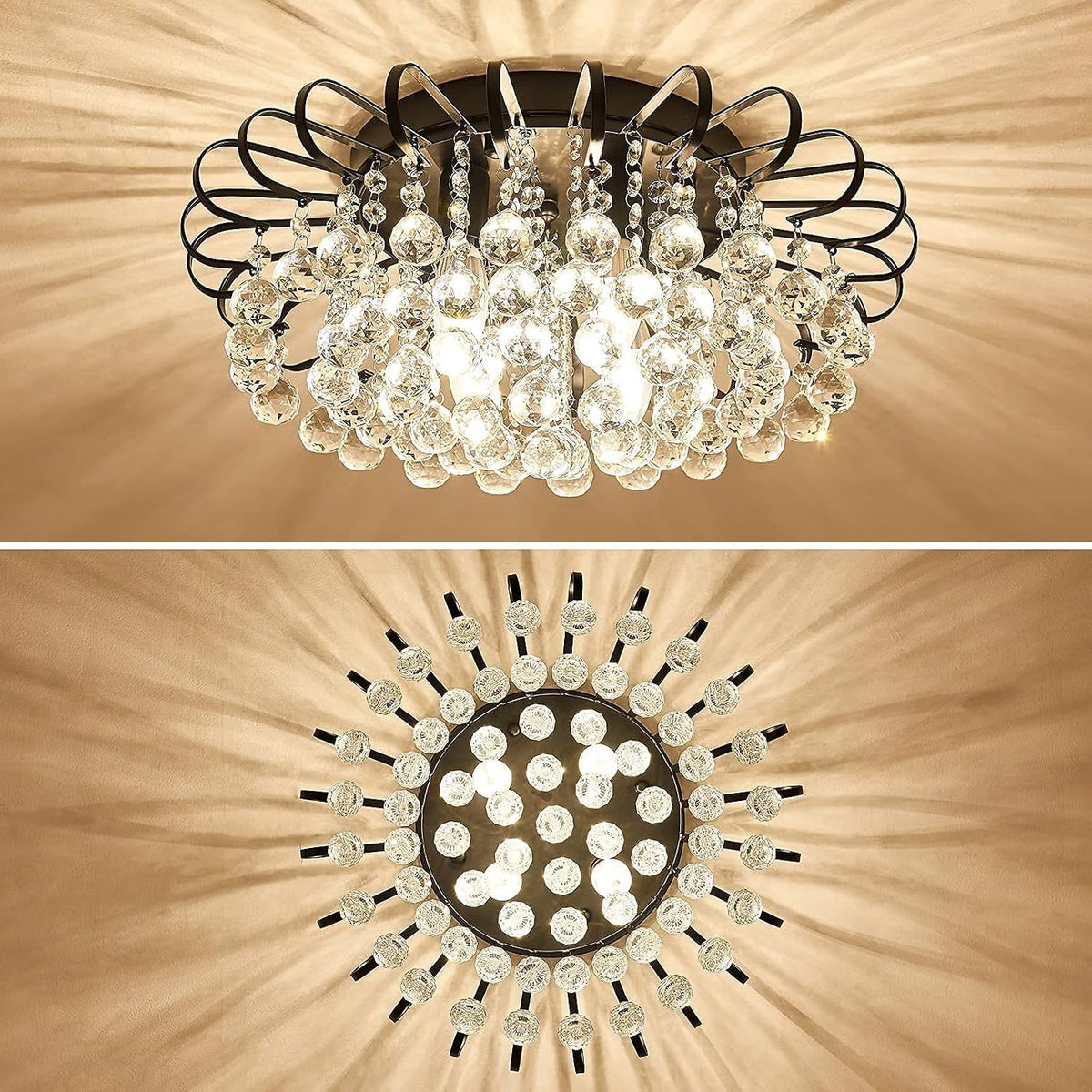 CVKASH Crystal Floral Chandelier 4-Light Antique Modern Black Flush Mount Raindrop Crystal Ceiling Lighting Fixture Chandelier for Living Room Bedroom Dining Room Entryway D17.71 H8.26