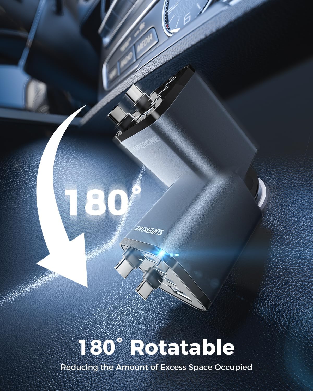SUPERONE Retractable Car Charger, 6-Port [Ultra-Compact] Car Charger USB C | 99W iPhone Car Chargers Fast Charging with Dual USB C Cables, Car Adapter for iPhone 17/16/15/14/13/12, 180°Adjustable Plug