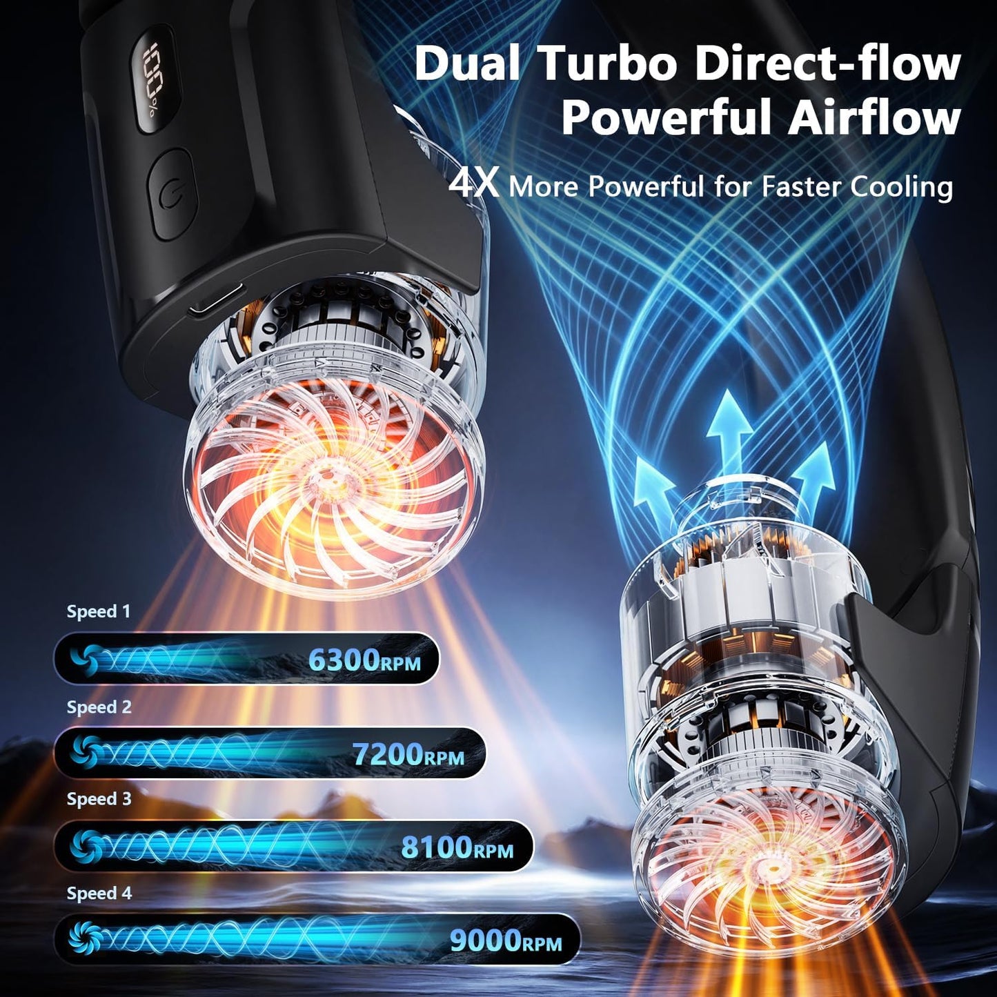 Mavax ChillGo Portable Neck Fan - 8000mAh Personal Wearable Fan, 9000 RPM Direct-flow 4X Powerful 360° Airflow Cooling Fan, Max 16H, 4 Speeds, LED Display, Great Gifts for Men Women - 5th Gen Black