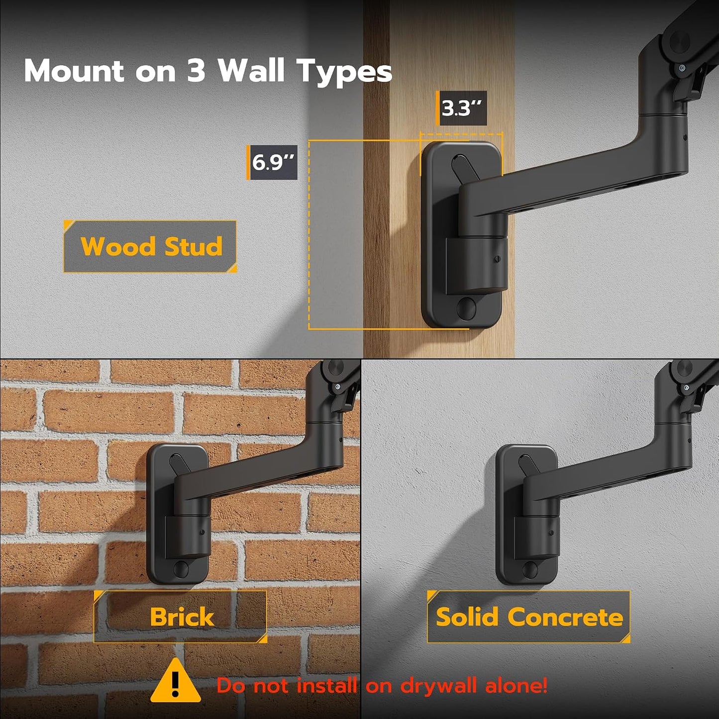 ARES WING Wall Mount Monitor Arm for 17-49 Inch Ultrawide Screens, Black | Heavy Duty Single Monitor Arm Holds 44 lbs, Fully Adjustable Gas Spring Monitor Wall Mount, 75x75/100x100 VESA Mount