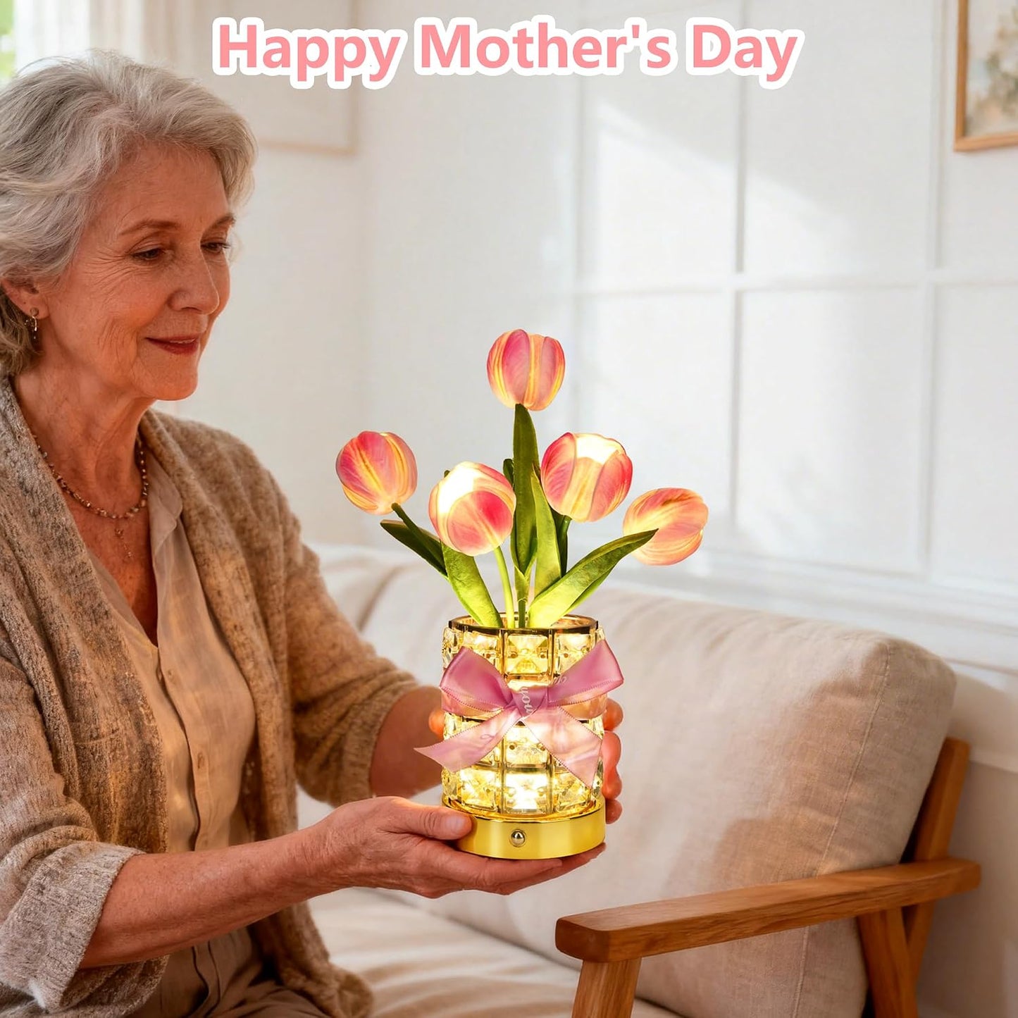 Handmade Flower Lamp,Rechargeable Cordless Touch Table Lamp,3-Colour Infinitely Dimming Small Night Light,Festival Restaurant Bedroom Bar Coffee Shop Birthday Gifts for Women Mom, Tulip Flower