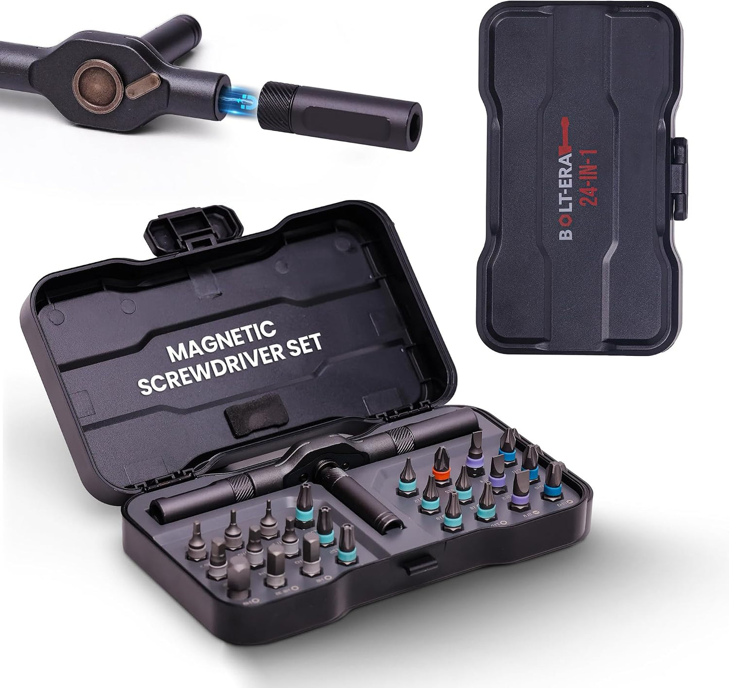 24 in 1 Magnetic Ratchet Screwdriver Set, Magnetic Screwdriver Set with Multi-Bit Ratcheting Handle & Bit Magnetizer, Compact Repair Tool Kit with Storage Case for Furniture, Computer, Bicycle and DIY