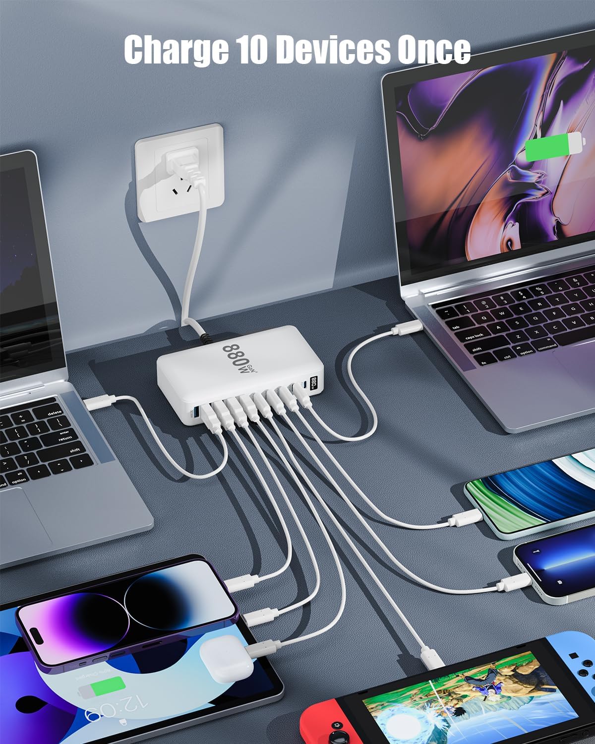 USB C Charger 880W USB C Charger Block,GaN IV 10-Port Charging Station Hub
