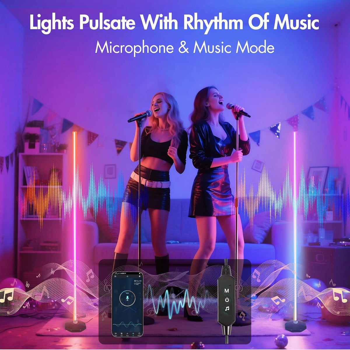 LED RGB Corner Lamp - Smart RGB LED Corner Floor Lamp Adjustable Height with 16 Millon RGBWIC Color Changing Lights 300+ Scene,Music Sync&Timer,Ambient Lighting for Living Room,Bedroom,Game Room